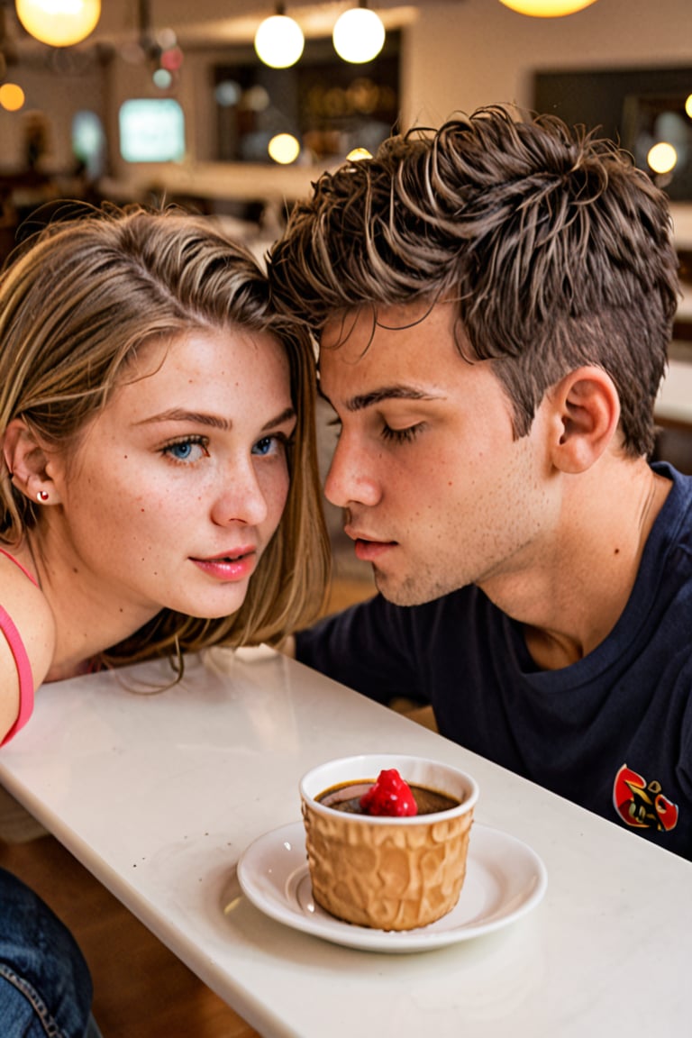 Fashion photography portrait of a french kissing couple, with the male model holding her boob, dressed in cobalt blue and the female model in pastel pink, leaning against each other while seated at a vintage café table. The scene is styled with retro furnishings, soft ambient lighting, and a classic café atmosphere. The couple is sharing a playful moment, with the female model resting her head on the male model’s shoulder. 3D render, CGI, octane render, 35mm, bokeh, 9:16, (intricate details:1.12), HDR, (hyper-detailed:1.15), (natural skin texture, hyperrealism, soft light, sharp:1.2), masterpiece, loving eye contact, charming café setting.