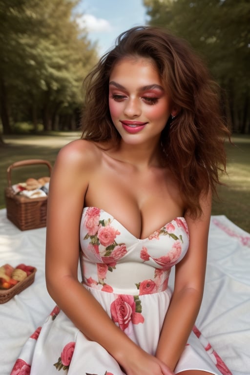 hyper-realistic, real world image.  Score_9, Score_8_up, Score_7_up, 1girl, solo, young girl, happy expression, eyes open, picnic backround, huge cleavage, floral strapless dress.