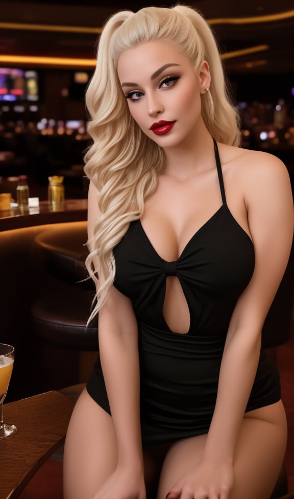 A young woman with unusually large breasts sits alone in a dimly lit casino bar setting, her piercing black eyes fixed intently on the viewer. Her very long thick dense teased fluffed curle wavy platinum blonde hair is styled with a messy loose side hair clip and a top scunchie half-ponytail. She may be a prostitute and is very, very sexy. and she wears a black shirt with short sleeves. In one hand, she cradles a cocktail, while her other hand holds a room key-card, its presence adding an air of erotic to the scene. The table before her features a drinking glass, the only other item in sight. Her full red lips are set in a flirting, smirk, as if she's contemplating her next fucking for cash.