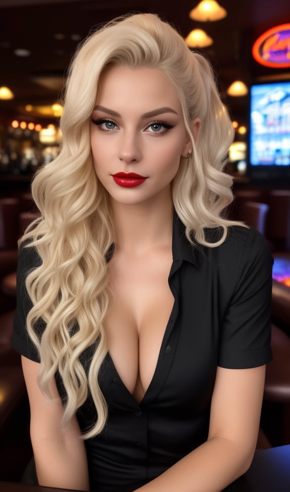 A young woman with unusually large breasts sits alone in a dimly lit casino bar setting, her piercing black eyes fixed intently on the viewer. Her very long thick dense teased fluffed curle wavy platinum blonde hair is styled with a messy loose side hair clip and a top scunchie half-ponytail. She may be a prostitute and is very, very sexy. and she wears a black shirt with short sleeves. In one hand, she cradles a cocktail, while her other hand holds a room key-card, its presence adding an air of erotic to the scene. The table before her features a drinking glass, the only other item in sight. Her full red lips are set in a flirting, smirk, as if she's contemplating her next fucking for cash.