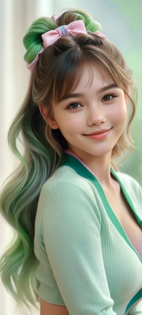 (best quality, 4K, 8K, high-resolution, masterpiece) Ultra-detailed, colorful pastel digital art of a beautiful young woman in a full body shot, top scrunchie hair style.with detailed facial features, light pink and emerald tones, charming character illustrations, soft focus, intricate design, gentle expression, ethereal atmosphere, vibrant colors, delicate details, artistic elegance, high detail, high resolution.
detailed_background,Cute Face,Cute Smile,Beautiful Girl,Young Girl,Realistic Model,Sexy Body,Hot Body,Beautiful Face,Sexy Girl