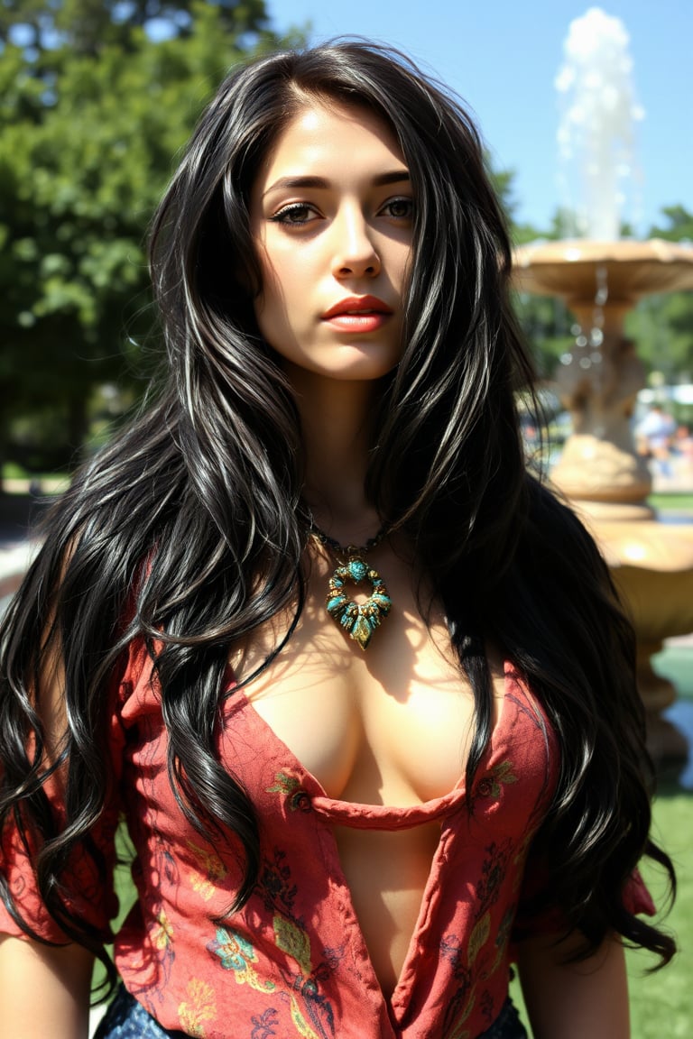 Black haired gypsy girl with a top scunchie and cleavage. Sunny day park fountain background.