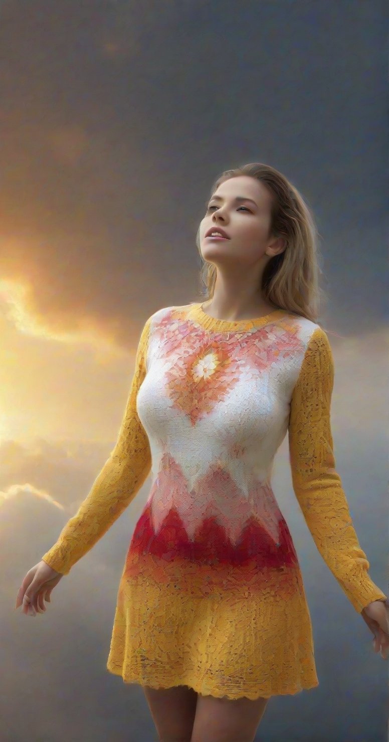 (Fractal Art: 1.3), (Colorful Colors), White Elegance, A morbid beauty in a loose yellow red crochet sweater dress,  looking up at the rainy sky with a joyous expression, a sigle ray of sunshine breaks through the clouds.