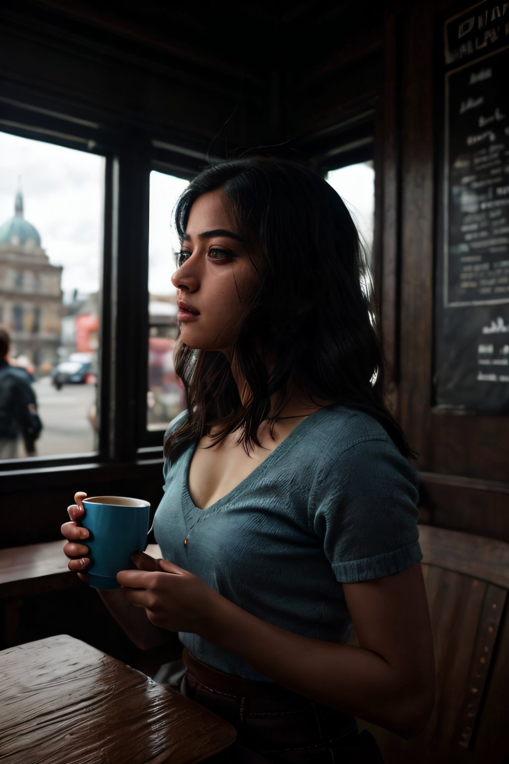 Take a roadside coffee shop photo of a sitting 1 woman holding cup with perfect anatomy at a circular table. It's a blue-colored, moody picture. The woman should have detailed thighs and a detailed face. The focus of the image should be a detailed table. Using the rule of thirds in composition, frame her sexy waist beautifully and enhance the photo with dramatic lighting to add depth and intensity. Place the woman against a coffee shop where shop is decorated beautifully that complements her personality and adds hair shadows to her face." (Lalisamanoban, rashmika, no_humans, detailed face, sharp eyes, upshirt, detailed face, no_humans, Game of Thrones),	 SILHOUETTE LIGHT PARTICLES,through_the_thighs,Detailedface