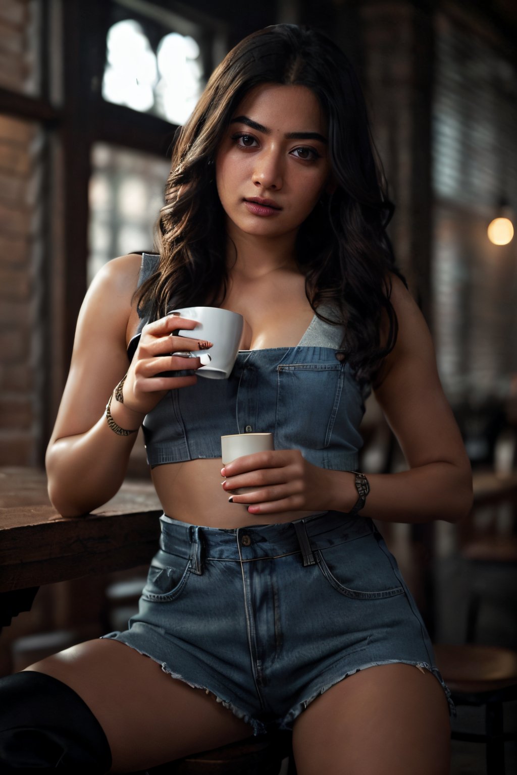 Take a roadside coffee shop photo of a sitting 1 woman holding cup with perfect anatomy at a circular table, table should contain plants and other things. It's a blue-colored, moody picture. The woman should have detailed thighs and a detailed face. The focus of the image should be a detailed table. Using the rule of thirds in composition, frame her sexy waist beautifully and enhance the photo with dramatic lighting to add depth and intensity. Place the woman against a coffee shop where shop is decorated beautifully that complements her personality and adds hair shadows to her face." (Lalisamanoban, rashmika, no_humans, detailed face, sharp eyes, upshirt, detailed face, no_humans, Game of Thrones),	 SILHOUETTE LIGHT PARTICLES,through_the_thighs,Detailedface, big breast and thighs