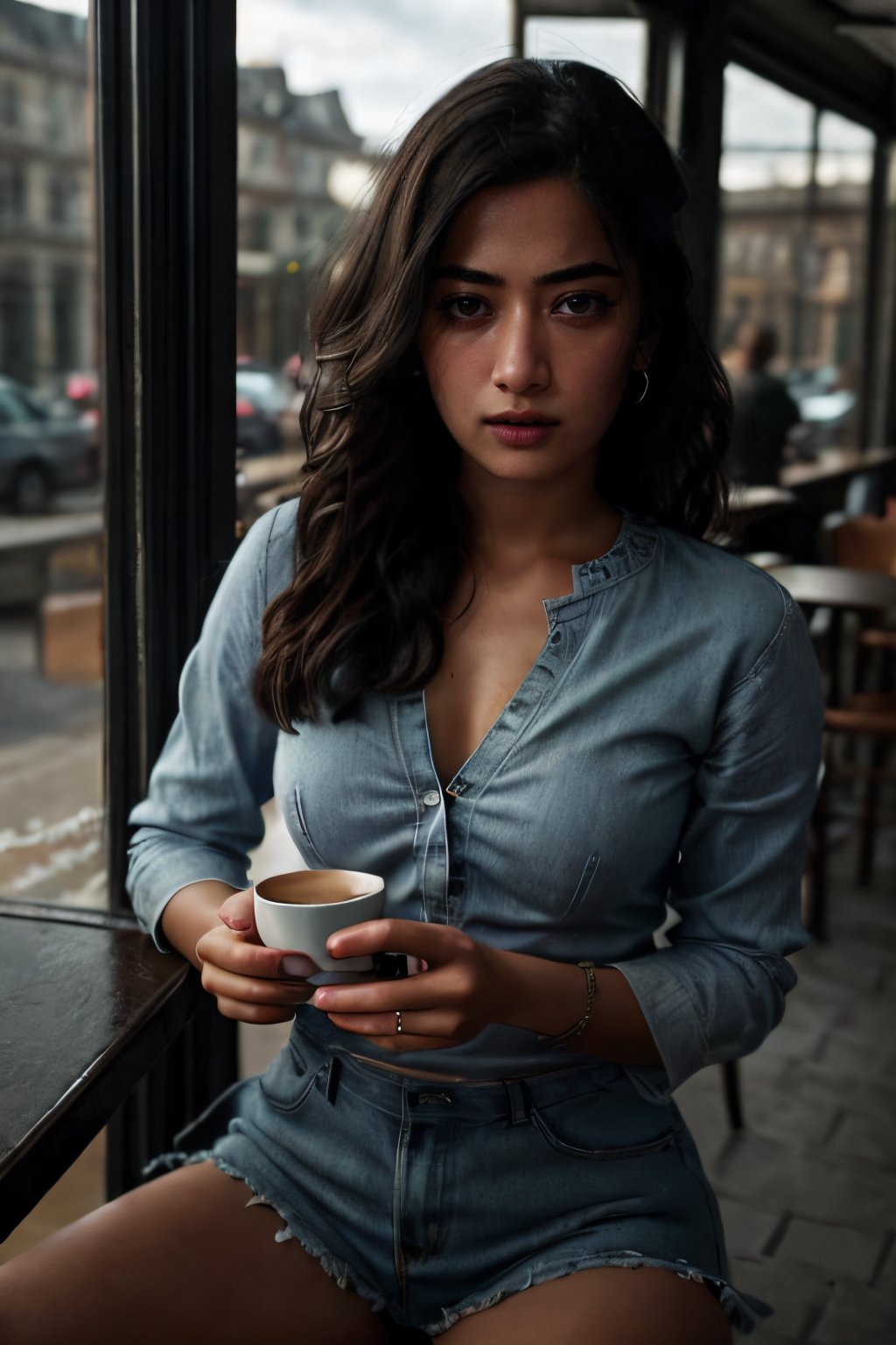 Take a roadside coffee shop photo of a sitting 1 woman holding cup with perfect anatomy at a circular table, table should contain plants and other things. It's a blue-colored, moody picture. The woman should have detailed thighs and a detailed face. The focus of the image should be a detailed table. Using the rule of thirds in composition, frame her sexy waist beautifully and enhance the photo with dramatic lighting to add depth and intensity. Place the woman against a coffee shop where shop is decorated beautifully that complements her personality and adds hair shadows to her face." (Lalisamanoban, rashmika, no_humans, detailed face, sharp eyes, upshirt, detailed face, no_humans, Game of Thrones),	 SILHOUETTE LIGHT PARTICLES,through_the_thighs,Detailedface, big breast and thighs