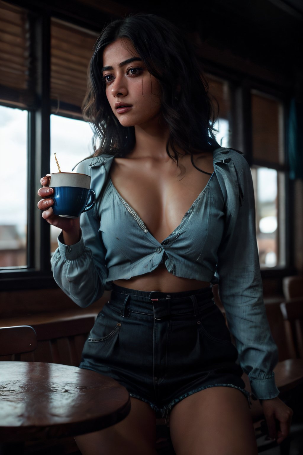 Take a roadside coffee shop photo of a sitting 1 woman holding cup with perfect anatomy at a circular table. It's a blue-colored, moody picture. The woman should have detailed thighs and a detailed face. The focus of the image should be a detailed table. Using the rule of thirds in composition, frame her sexy waist beautifully and enhance the photo with dramatic lighting to add depth and intensity. Place the woman against a coffee shop where shop is decorated beautifully that complements her personality and adds hair shadows to her face." (Lalisamanoban, rashmika, no_humans, detailed face, sharp eyes, upshirt, detailed face, no_humans, Game of Thrones),	 SILHOUETTE LIGHT PARTICLES,through_the_thighs,Detailedface