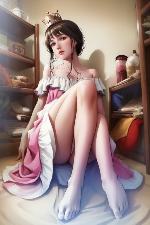 queen, fantasy, bare_shoulder, bare_feet, dress, feet