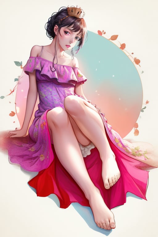 queen, fantasy, bare_shoulder, bare_feet, dress