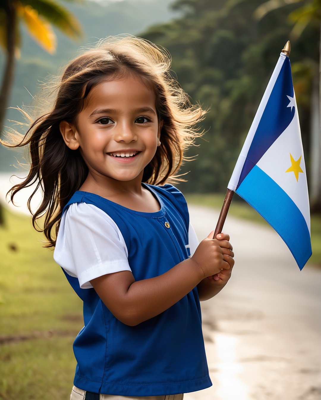 Create images of young Panamanian children joyfully waving the white flag in different settings, capturing their patriotism and enthusiasm. Showcase the diversity of Panama's landscapes, from urban streets to beautiful natural environments, and highlight the pride these children feel for their country.