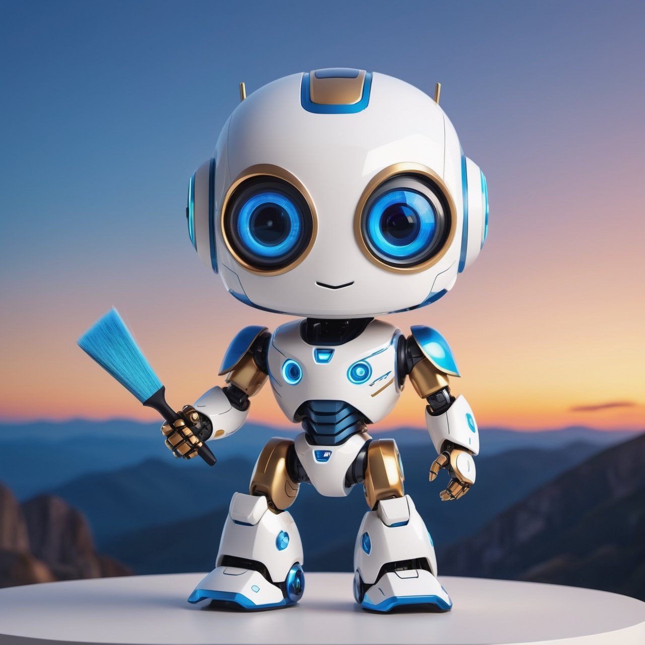 (masterpiece:1.2, highest quality), (realistic, photo_realistic:1.9)
1chibi_robot, Cute chibi robot, happy face, Designer look holding a paintbrush in one hand, white with blue, (detailed background), (gradients), colorful, detailed landscape, visual key, shiny skin. Modern place, Action camera. Portrait film. Standard lens. Golden hour lighting.
sharp focus, 8k, UHD, high quality, frowning, intricate detailed, highly detailed, hyper-realistic,interior,robot white with blue,chibi emote style,Monster