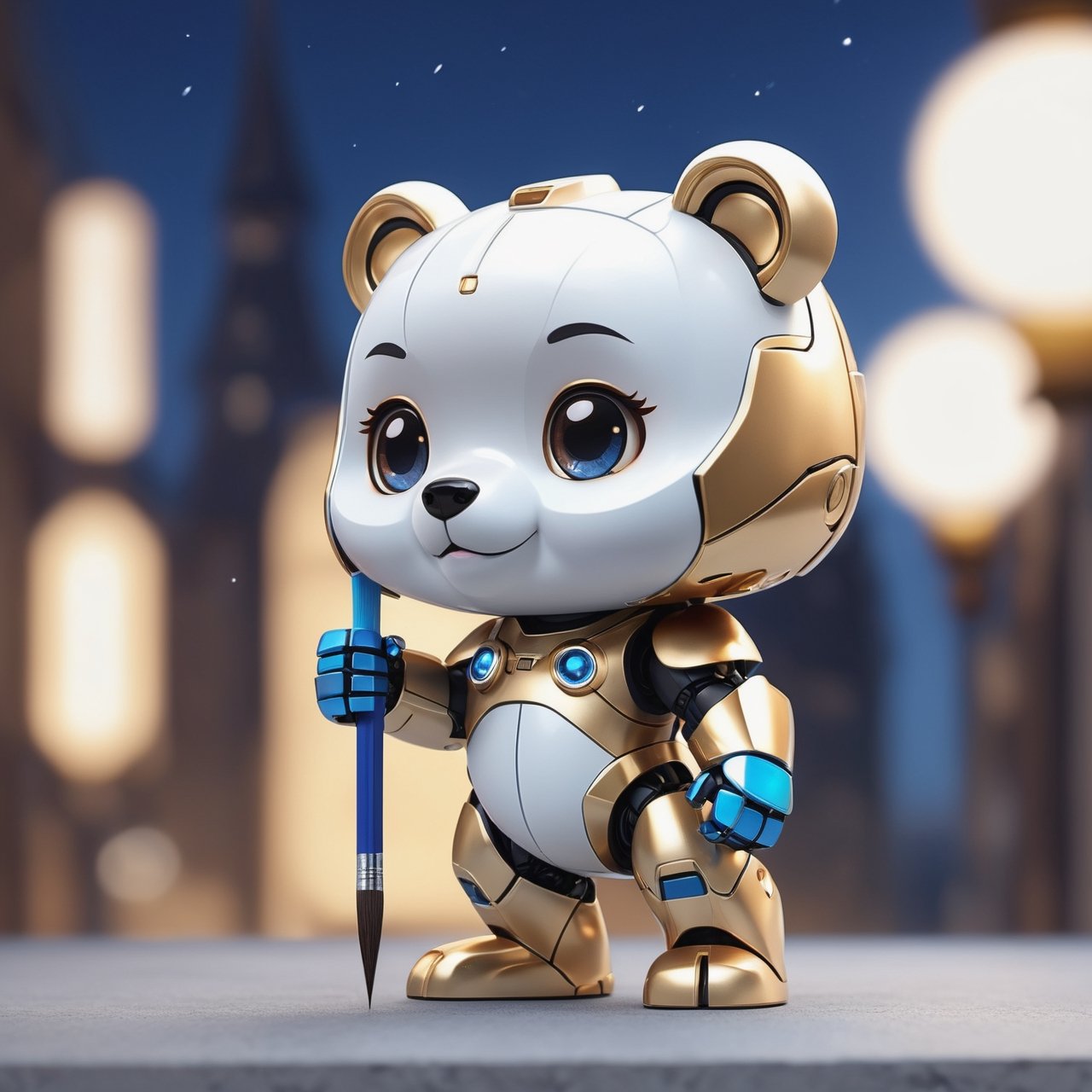 (masterpiece:1.2, highest quality), (realistic, photo_realistic:1.9)
1chibi_robot, Cute chibi robot, Designer look holding a paintbrush in one hand, white with blue, (detailed background), (gradients), colorful, detailed landscape, visual key, shiny skin. Modern place, Action camera. Portrait film. Standard lens. Golden hour lighting.
sharp focus, 8k, UHD, high quality, frowning, intricate detailed, highly detailed, hyper-realistic,interior,bear Chibi,chibi emote style