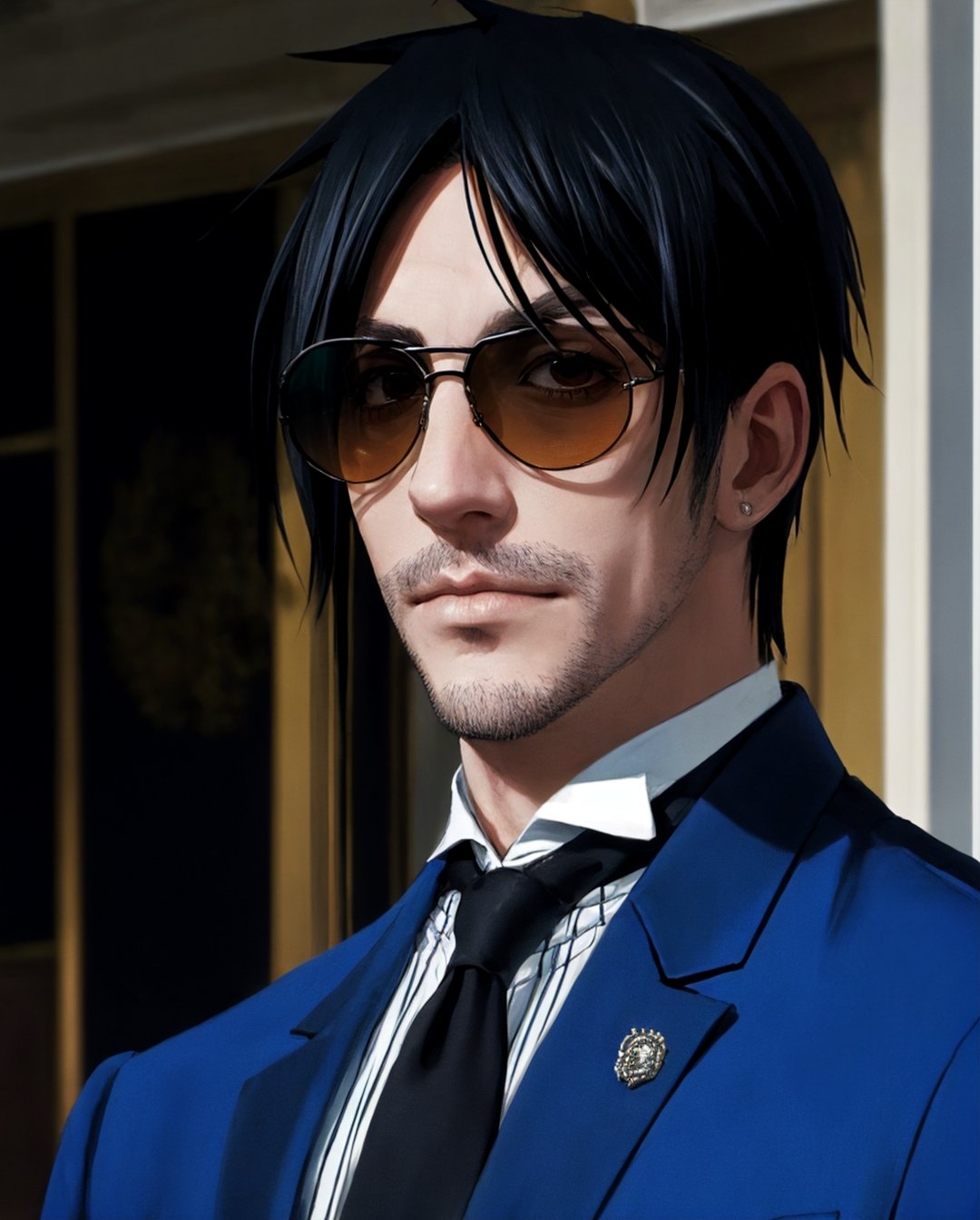 handsome white panamanian man with blue shirt, with sunglasses, black hear, very short van dyke beard on face ,sebastian_michaelis