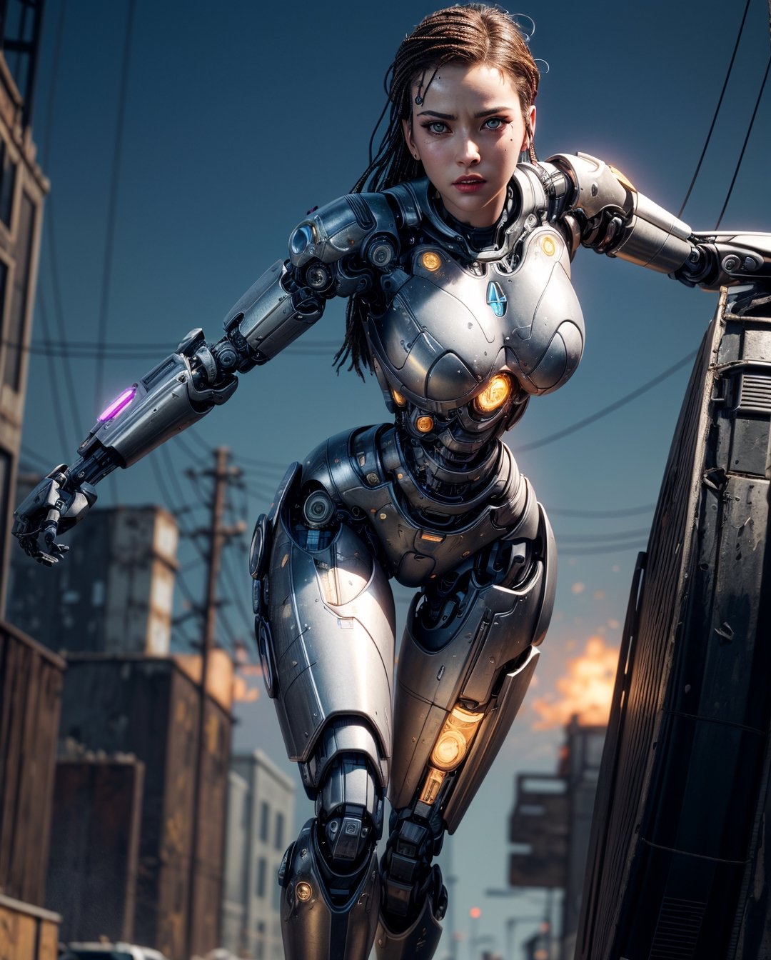 <(photorealistic:1.4), (extremely intricate:1.2)>, <(exquisitely detailed skin), cinematic light, ultra high res, 8k uhd, intricate details, Movie Light, film grain, dreamlike, best shadow, delicate, RAW>, 1girl, solo, hispanic girl, (((cyborg:1.4))), cyborg girl, cyborg armor, cyborg clothing, beautiful detailed eyes, finely detail, bright pupils, turquoise eyes, full body, large breasts:0.8, (((floating hair))), looking at viewer, pov, female focus, puffy eyes, long hair, gorgeous hair, air bangs, dynamic pose, dynamic angle, close-up, thighs open, showing panties, boobs exposed, fighting stance, fighting pose, run forward, running,(((golden metallic color | red metallic color | blue metallic color))),(((Metallic luster, metal reflective, mechanical details, extremely mechanical details, complex mechanical structure))), (((Mirrored Power Armor, fallout 4, fallout))), defeated, corpse, bleed, battlefield, mechanized background, giant robot in the background, outdoors, cinematic lighting, Cyberpunk world. Cyberpunk metropolis, neon, Sci-fi style, sfw:1.98,