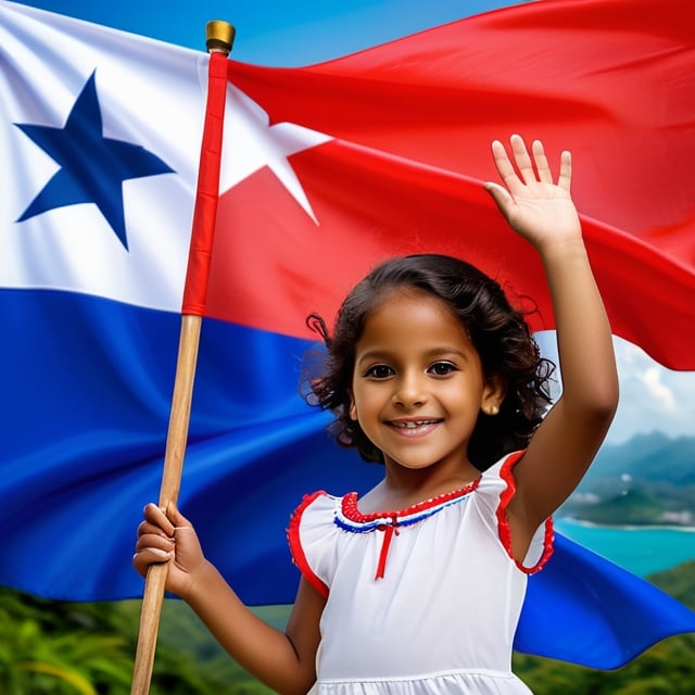 Create images of young Panamanian children joyfully waving the Panamanian flag in different settings, capturing their patriotism and enthusiasm. Showcase the diversity of Panama's landscapes, from urban streets to beautiful natural environments, and highlight the pride these children feel for their country.