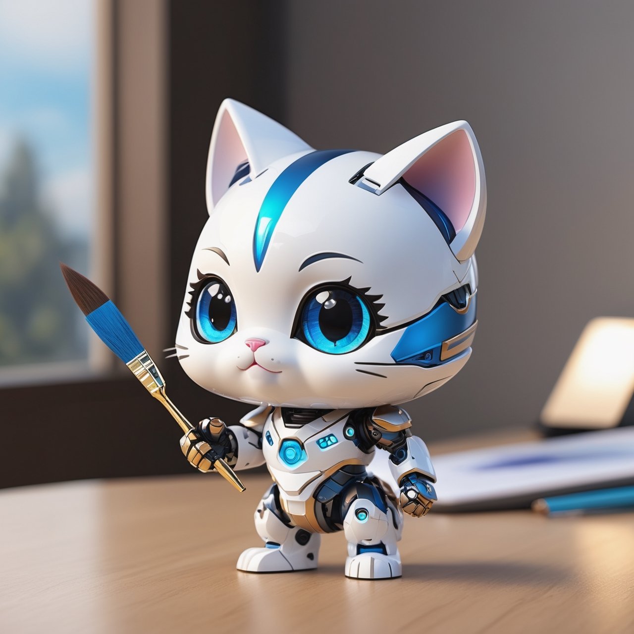 (masterpiece:1.2, highest quality), (realistic, photo_realistic:1.9)
1chibi_robot, Cute chibi robot, Designer look holding a paintbrush in one hand, white with blue, (detailed background), (gradients), colorful, detailed landscape, visual key, shiny skin. Modern place, Action camera. Portrait film. Standard lens. Golden hour lighting.
sharp focus, 8k, UHD, high quality, frowning, intricate detailed, highly detailed, hyper-realistic,interior,kitty Chibi,chibi emote style