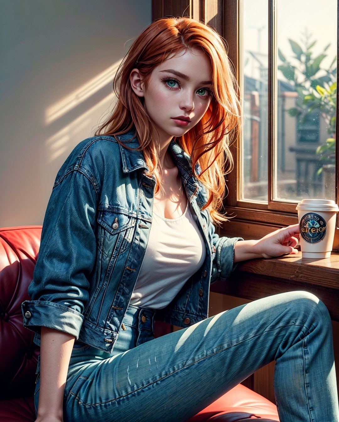 <(photorealistic:1.4), (extremely intricate:1.2)>, <(exquisitely detailed skin), cinematic light, ultra high res, 8k uhd, intricate details, Movie Light, Oil Painting Texture, film grain, dreamlike, perfect anatomy, best shadow, delicate, RAW>, (((1 girl, cute, denim jacket, white top, jeans, ginger, long hair, pop hair, side parted hair, green eyes))), (((ginger:1.3))), dynamic poses, manga style, solo, sitting, a young and beautiful woman holding a cup of coffee with both hands, looking out the window with a soft smile, with a curious cat outside on the windowsill, surrounded by warm and cozy interior decor.,realhands