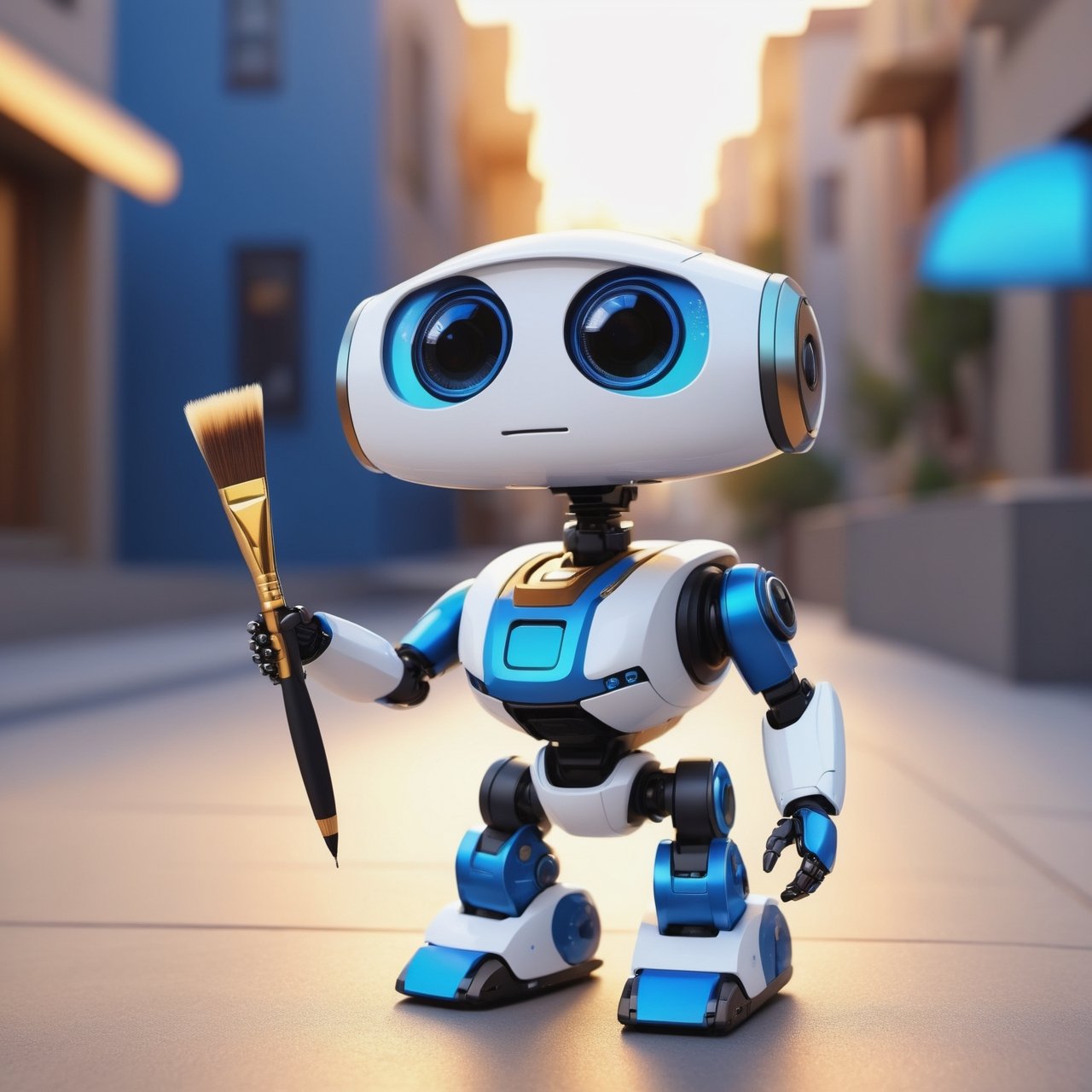 (masterpiece:1.2, highest quality), (realistic, photo_realistic:1.9)
1chibi_robot, Cute chibi robot, happy face, (Designer look holding a paintbrush in one hand), white with blue, (detailed background), (gradients), colorful, detailed landscape, visual key, shiny skin. Modern place, Action camera. Portrait film. Standard lens. Golden hour lighting.
sharp focus, 8k, UHD, high quality, frowning, intricate detailed, highly detailed, hyper-realistic,interior,robot white with blue,chibi emote style,Monster, wall-e