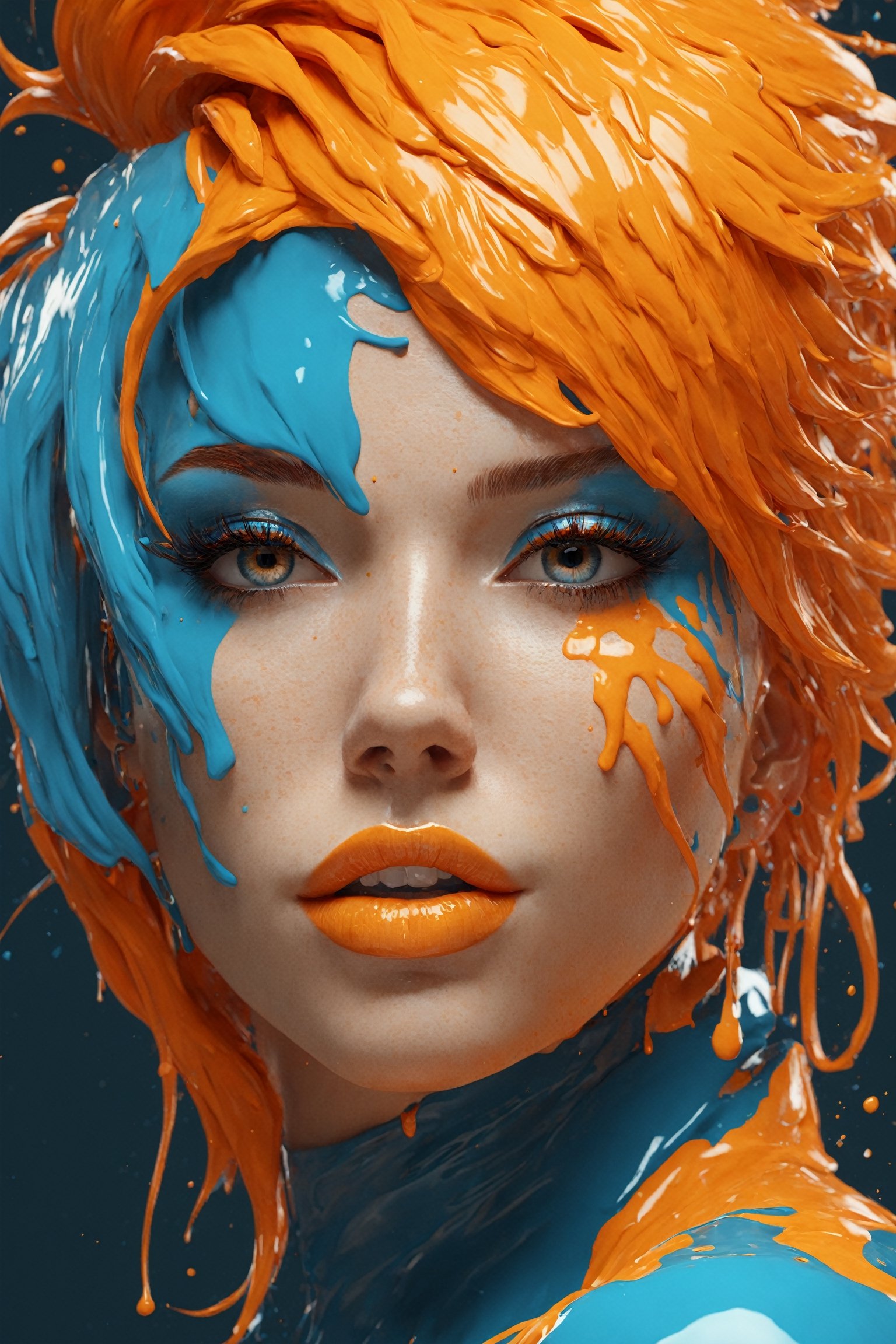 A close up of a woman with orange hair and blue skin, digital art by Alberto Seveso, Zbrush Central Contest Winner, Digital Art, 3D Rendering Digital Art, CGsociety saturated colors, Zbrush Contest Winner, stylized 3D render, zbrush 3 D render , 3D render character art 8k, Octane Trend on CGsociety,dripping paint