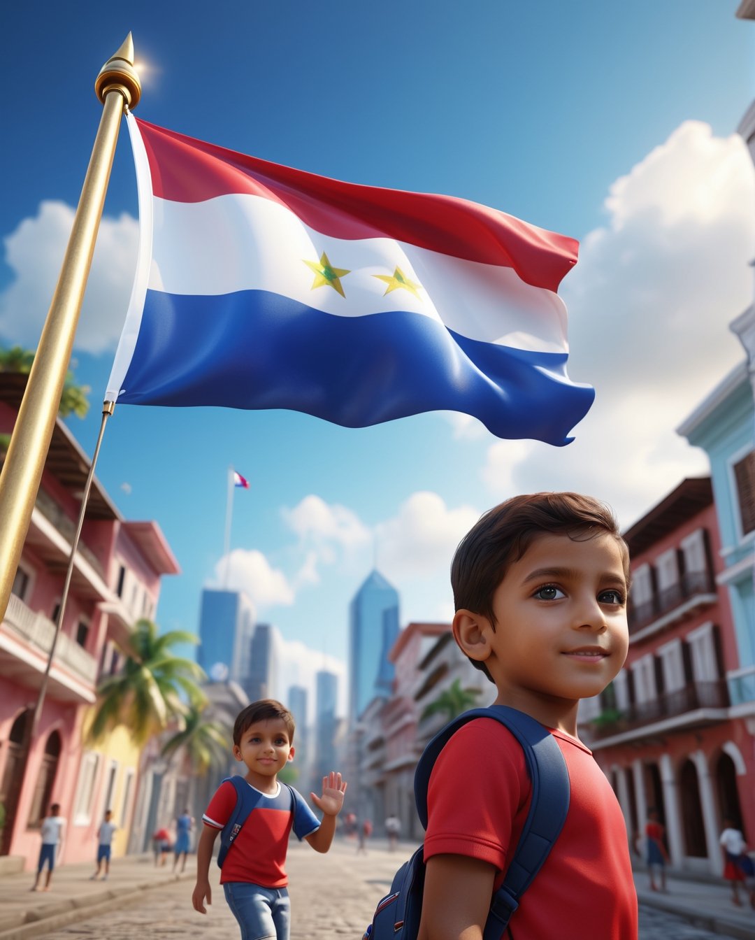 Children waving Panamanian flags around the city, masterpiece, best quality, realistic, ultra highres, depth of field, (detailed face:1.2), (detailed eyes:1.2), (detailed background), (masterpiece:1.2), (ultra detailed), (best quality), unreal engine 5 render, crystal clear,(high contrast), (Ultra detailed:1.3), 8k, masterpiece, ((ultra detailed:1.1)), 16k textures, cinematic look, intricate,epic, UHD, DSLR,