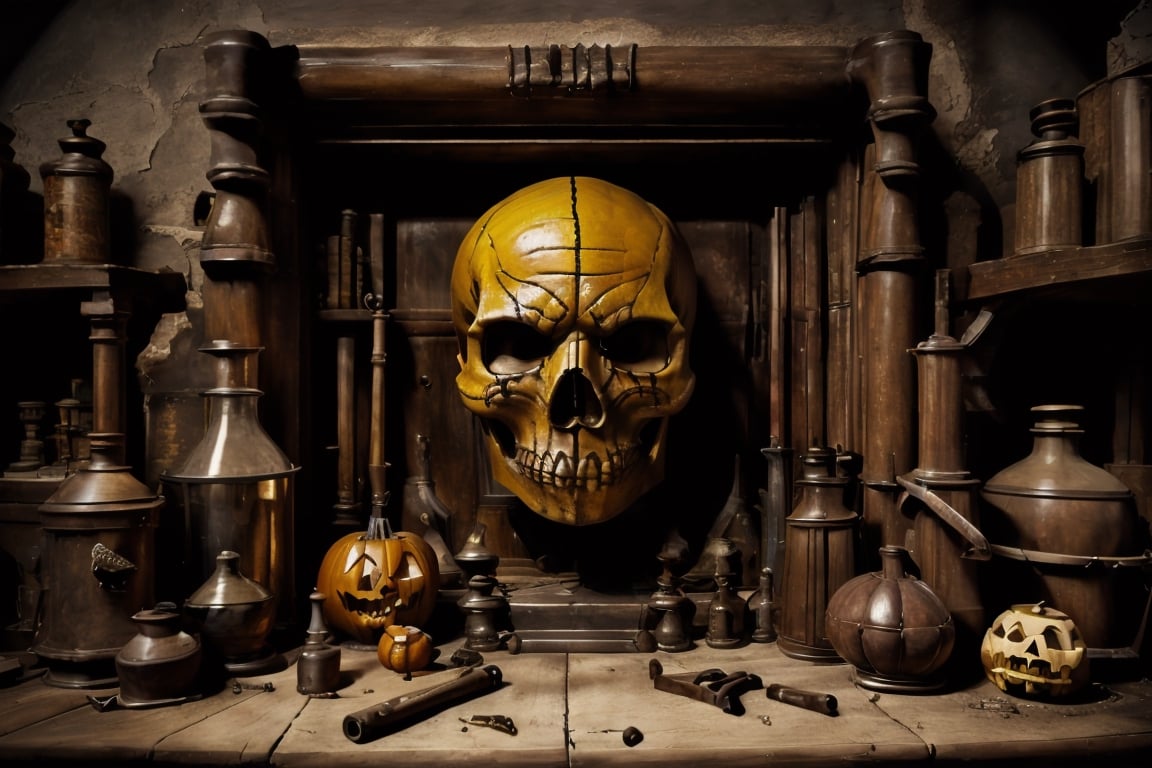 A very terrifying pumpkins face, skulls, ghosts and the background is a terrifying place with tools used to intimidate, intimidate and kill,BloodOnScreen,dragonborn,renaissance_alchemist_studio,abandoned_style