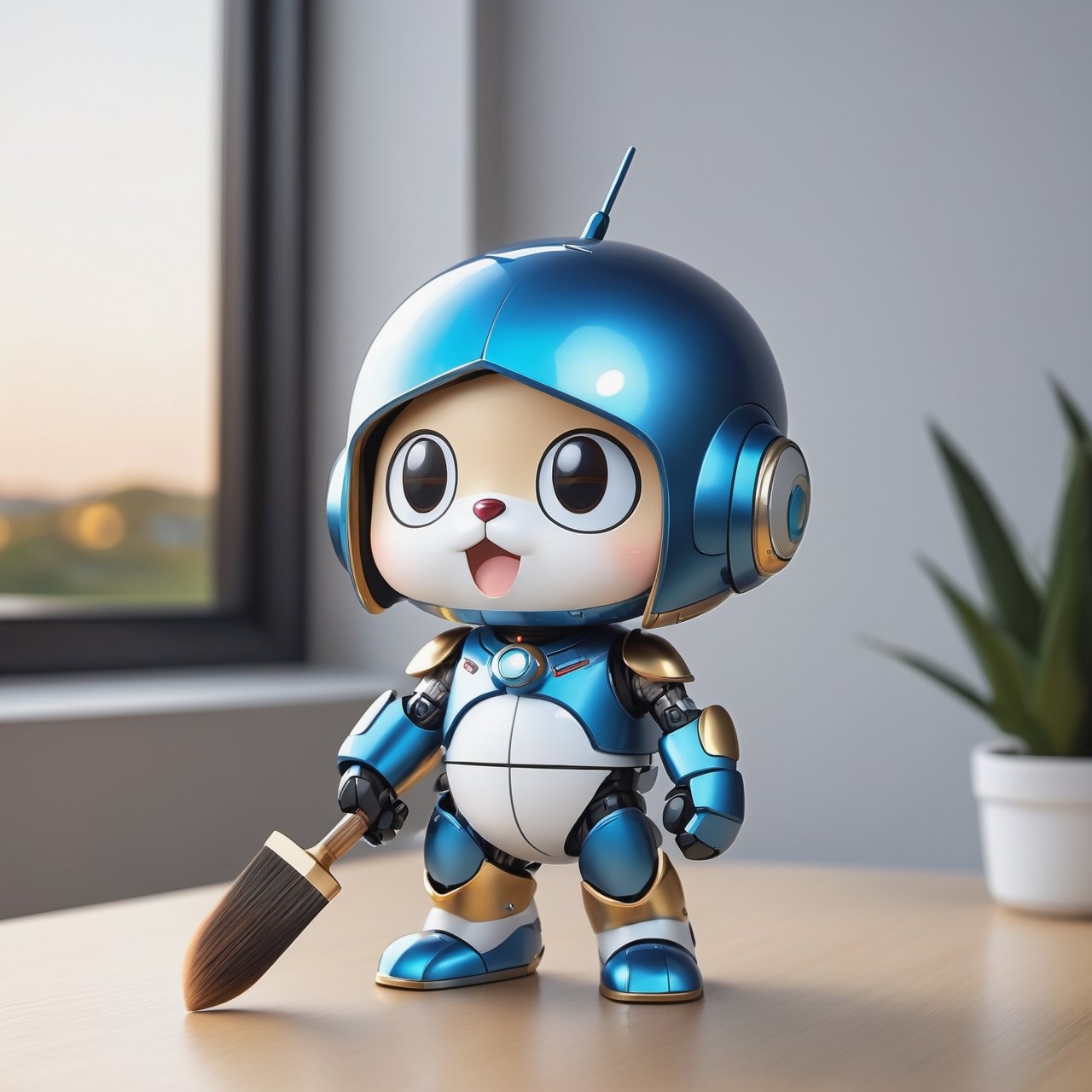 (masterpiece:1.2, highest quality), (realistic, photo_realistic:1.9)
1chibi_robot, Cute chibi robot, Designer look holding a paintbrush in one hand, white with blue, (detailed background), (gradients), colorful, detailed landscape, visual key, shiny skin. Modern place, Action camera. Portrait film. Standard lens. Golden hour lighting.
sharp focus, 8k, UHD, high quality, frowning, intricate detailed, highly detailed, hyper-realistic,interior,doraemon Chibi,chibi emote style