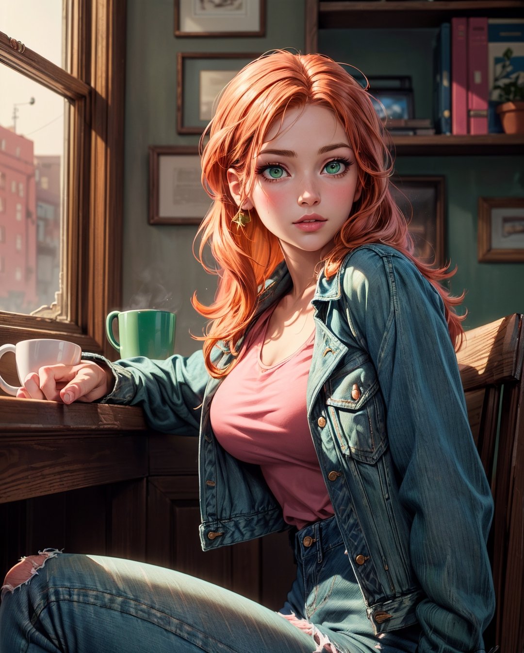 <(photorealistic:1.4), (extremely intricate:1.2)>, <(exquisitely detailed skin), cinematic light, ultra high res, 8k uhd, intricate details, Movie Light, Oil Painting Texture, film grain, dreamlike, perfect anatomy, best shadow, delicate, RAW>, (((1 girl, cute, denim jacket, pink top, jeans, ginger, long hair, pop hair, side parted hair, green eyes))), (((ginger:1.3))), dynamic poses, manga style, solo, sitting, a young and beautiful woman holding a cup of coffee with both hands, looking out the window with a soft smile, with a curious cat outside on the windowsill, surrounded by warm and cozy interior decor.