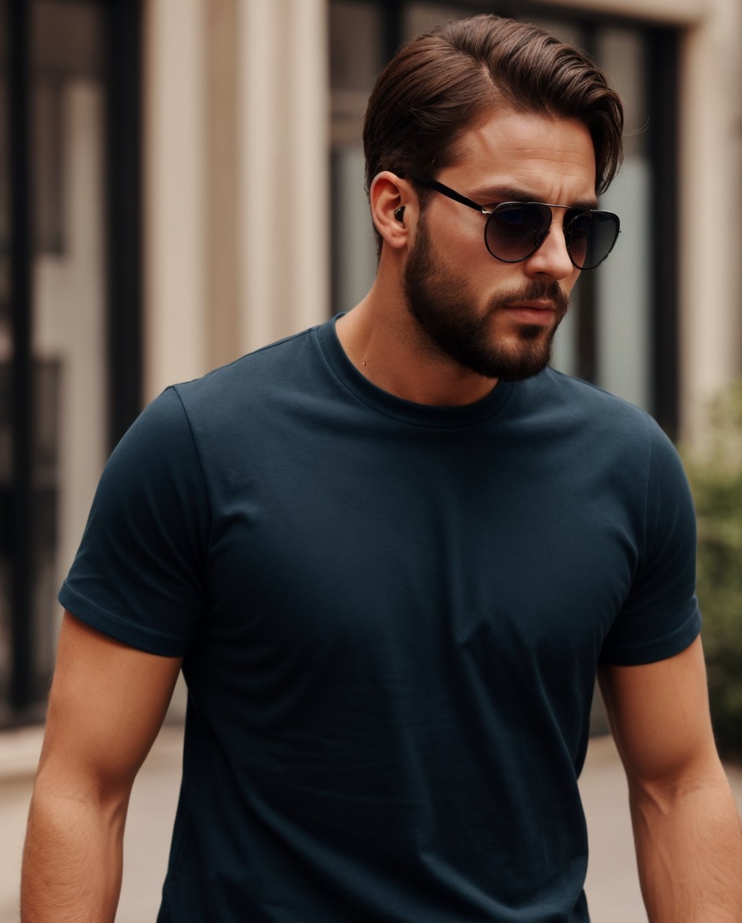 handsome man with blue t-shirt, with sunglasses, black hear, small short unkempt beard on face 