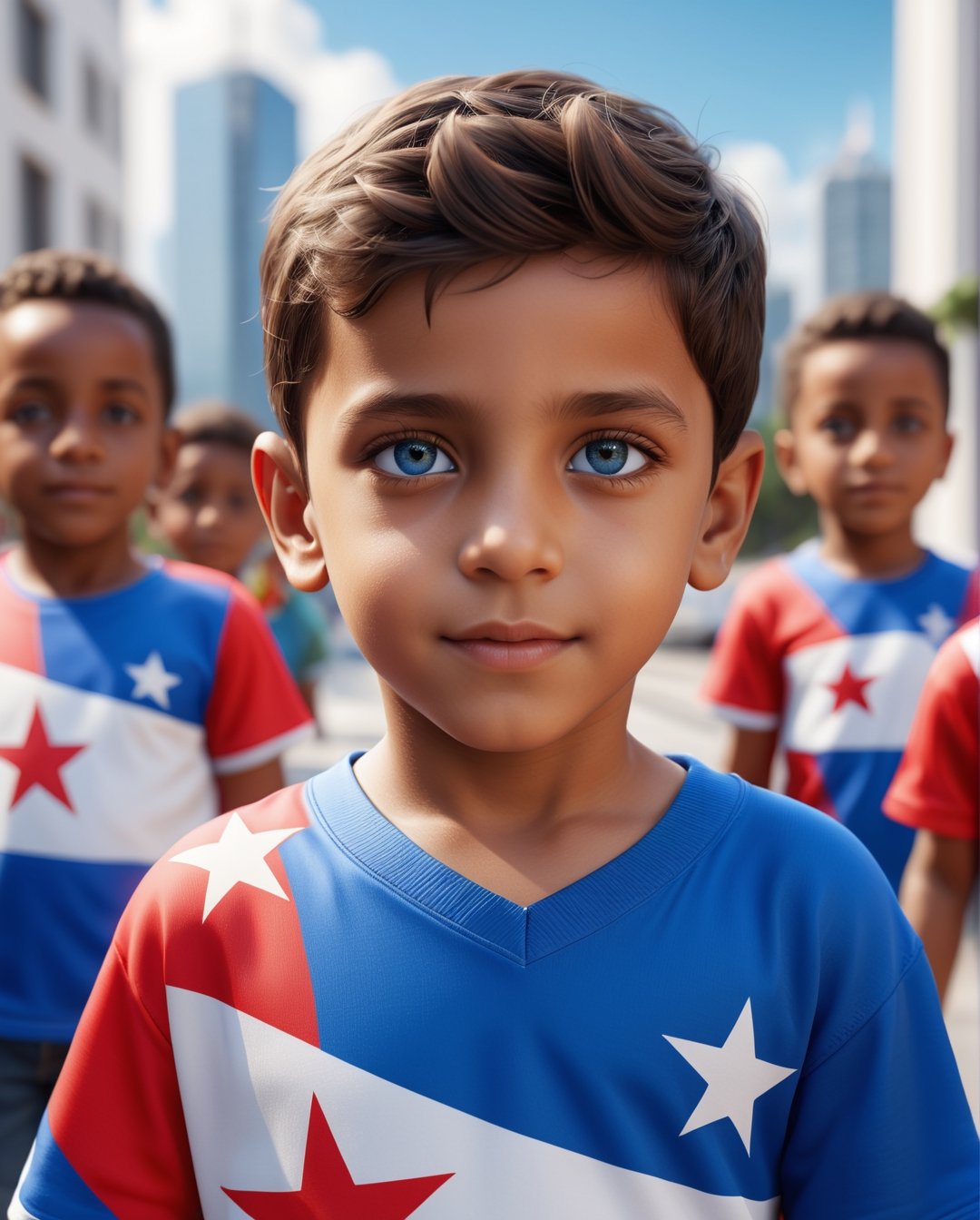 Children waving Panamanian flags around the city, (Panamanian flag is a rectangle divided into four quarters: the upper left is a blue five-pointed star on a white background; the upper right one is red; the lower left one is blue; and the lower right is a red five-pointed star on a white background), masterpiece, best quality, realistic, ultra highres, depth of field, (detailed face:1.2), (detailed eyes:1.2), (detailed background), (masterpiece:1.2), (ultra detailed), (best quality), unreal engine 5 render, crystal clear,(high contrast), (Ultra detailed:1.3), 8k, masterpiece, ((ultra detailed:1.1)), 16k textures, cinematic look, intricate,epic, UHD, DSLR,