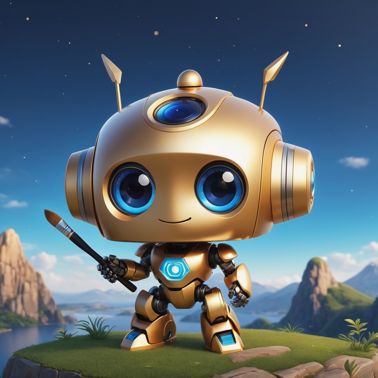 (masterpiece:1.2, highest quality), (realistic, photo_realistic:1.9)
1chibi_robot, Cute chibi robot, happy face, Designer look holding a paintbrush in one hand, white with blue, (detailed background), (gradients), colorful, detailed landscape, visual key, shiny skin. Modern place, Action camera. Portrait film. Standard lens. Golden hour lighting.
sharp focus, 8k, UHD, high quality, frowning, intricate detailed, highly detailed, hyper-realistic,interior,robot Chibi,chibi emote style,Monster