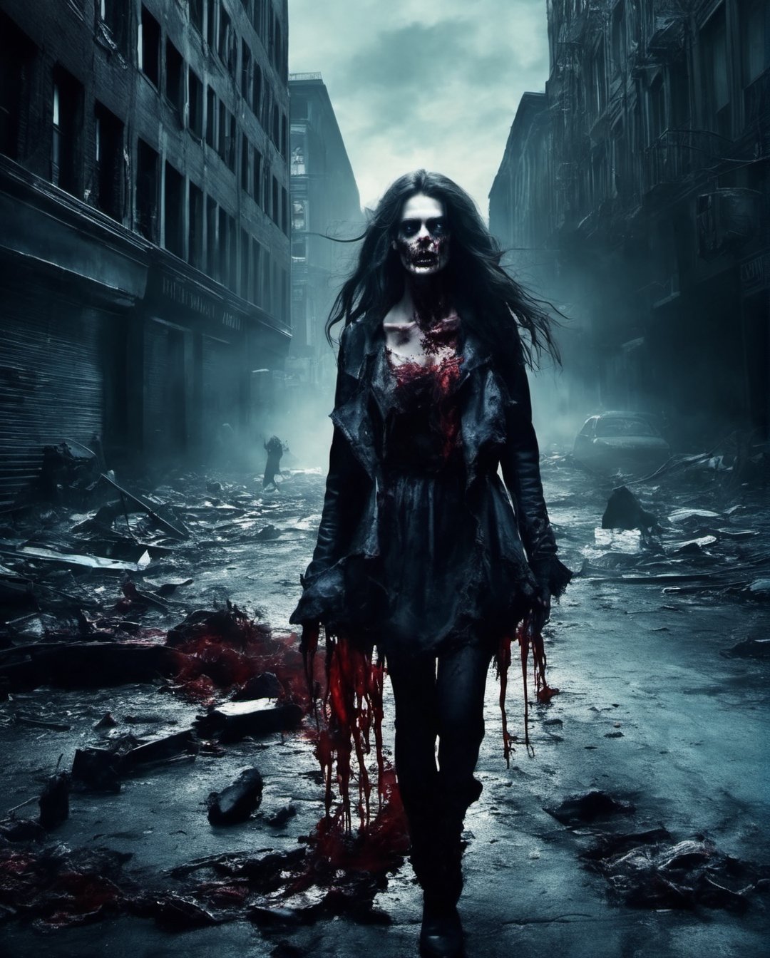 a scene in a city full of zombies with a horrible zombie: "Generates a creepy visual representation of a terrifying zombie in an apocalyptic city. This terrifying figure features deep, terrifying white eyes that reflect the infinite expanse of darkness. His black hair Dirty disheveled hair with a hint of blood, framing her grotesque and decomposed figure. She is adorned in torn, modern clothing that accentuates her decomposed flesh and bones and complements her horror. The design of the clothing radiates terror and hunger for human flesh. The city a Your surroundings are filled with a terrifying crowd of zombies, dead and dismembered people. The atmosphere is filled with sounds of horror, eerie screams and the eerie darkness of a day of death in the city. Capture the essence of terror bathed by the cloudy sky and the eerie horror of a terrifying zombie against the backdrop of a horrifying and eerie apocalyptic city scene." Super super detailed, super realistic photographic cinematic image, 8k HDR super high quality image, masterpiece, , , , , drow