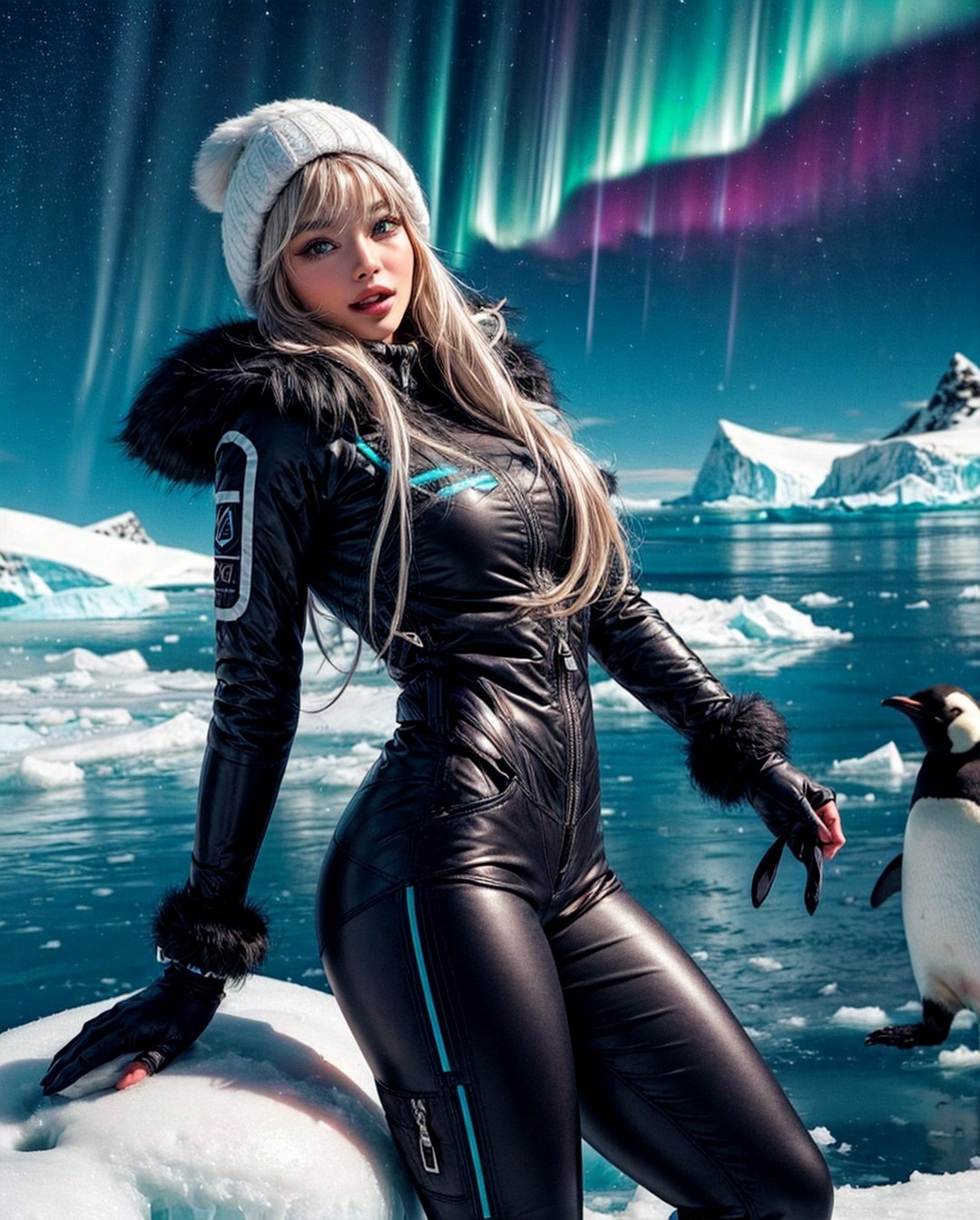 a scene in Antarctica full of penguins, icebergs, auroras in the sky with a beautiful young girl: "Generates a vibrant visual representation of a stunning tanned young woman in a beautiful landscape in Antarctica with auroras in the sky and some penguins. This captivating figure She features deep, mesmerizing eyes that reflect the expanse of Antarctica. Her loose colored hair shimmers with a touch of snow, framing her perfect figure. She is adorned in a fitted, modern winter outfit that accentuates her curves and complements her beauty. The design of the winter suit exudes confidence, security, style and protection from the cold with winter pants. The Antarctica around you is full of some penguins, polar bears, igloos and icebergs. The atmosphere is full of sounds of happiness, aurora of colors in the sky and the cheerful energy of a summer day in Antarctica. Capture the essence of winter leisure and the charm of this beautiful Caucasian woman with Japanese features against the backdrop of a lively scene in Antarctica." Super realistic, super detailed, 8k HDR photo cinematic image, super high quality image, masterpiece, ((dynamic poses, sexy poses)), happy and sexy face, drawing,snow_clothes