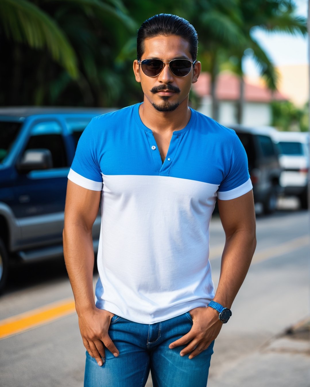 handsome panamanian man with open blue shirt with white t-shirt, with sunglasses, black hear, very small van dyke beard on face 