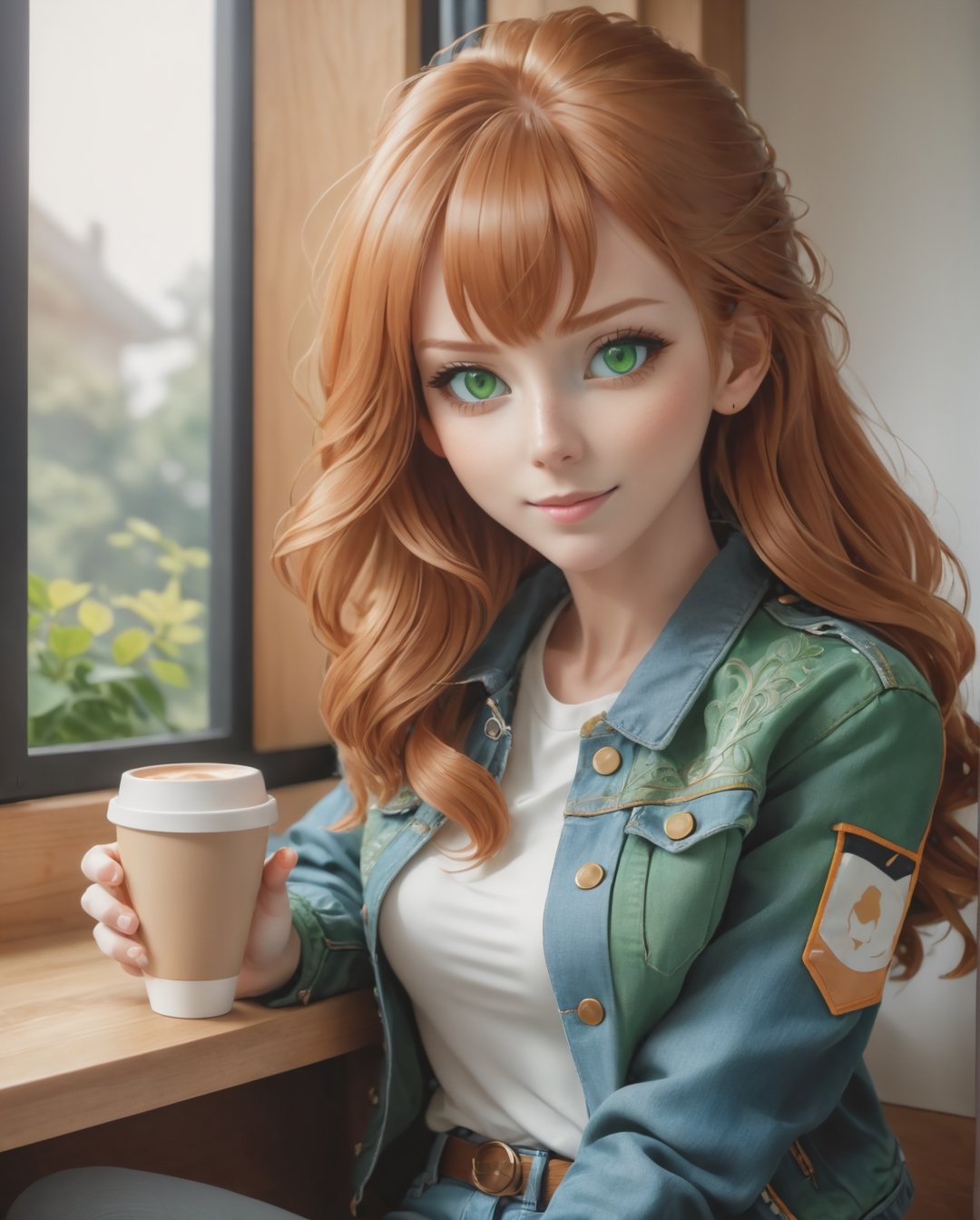 Anime Artwork: A dynamic anime-style illustration <(photorealistic:1.4), (extremely intricate:1.2)>, <(exquisitely detailed skin), cinematic light, ultra high res, 8k uhd, intricate details, Movie Light, film grain, dreamlike, perfect anatomy, best shadow, delicate, RAW>, (((1 girl, cute, denim jacket, white top, jeans, ginger, long hair, pop hair, side parted hair, green eyes))), (((ginger:1.3))), dynamic poses, manga style, solo, sitting, a young and beautiful woman holding a cup of coffee with both hands, looking out the window with a soft smile, with a curious cat outside on the windowsill, surrounded by warm and cozy interior decor.,realhands