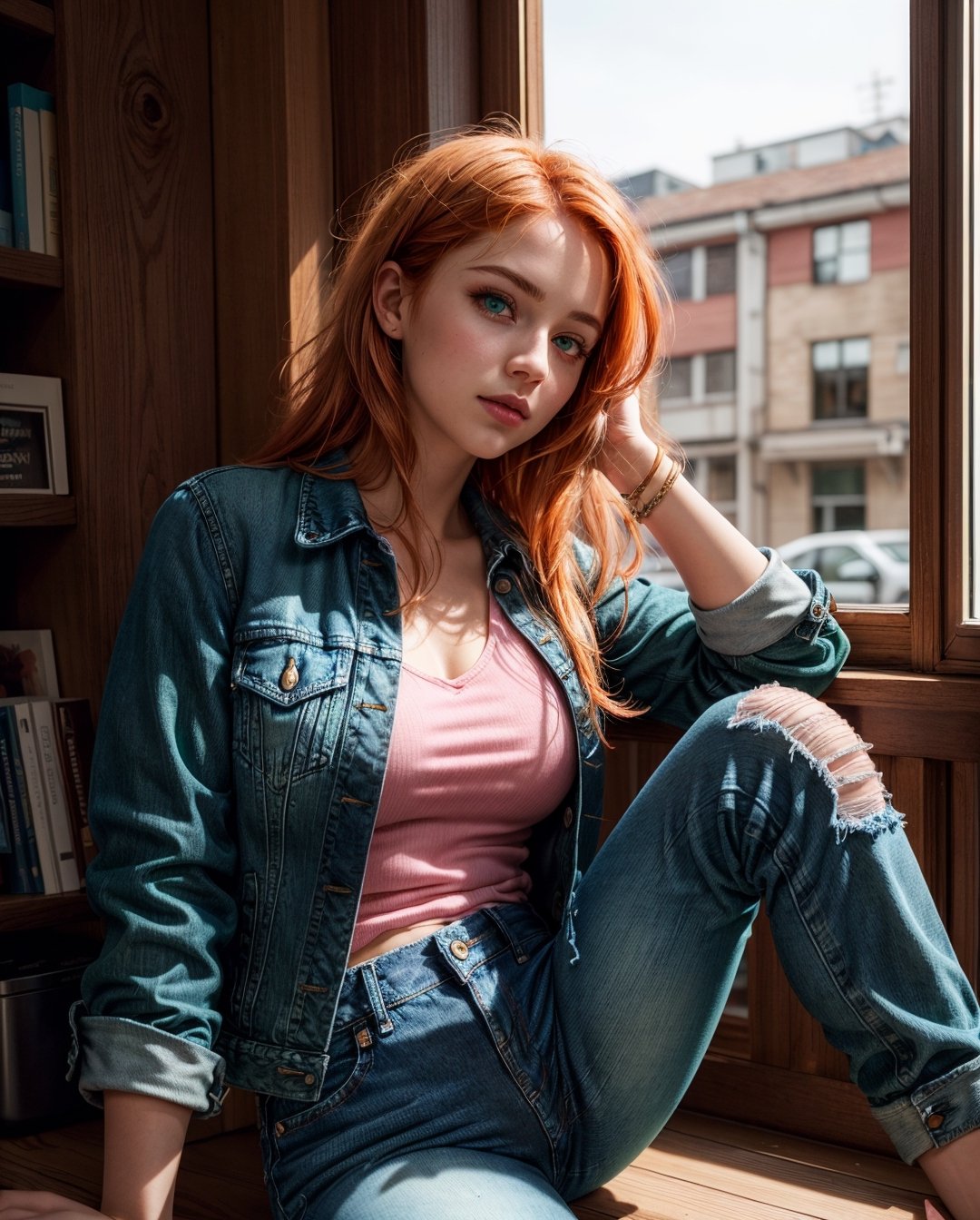 <(photorealistic:1.4), (extremely intricate:1.2)>, <(exquisitely detailed skin), cinematic light, ultra high res, 8k uhd, intricate details, Movie Light, Oil Painting Texture, film grain, dreamlike, perfect anatomy, best shadow, delicate, RAW>, (((1 girl, cute, denim jacket, pink top, jeans, ginger, long hair, pop hair, side parted hair, green eyes))), (((ginger:1.3))), dynamic poses, manga style, solo, sitting, a young and beautiful woman holding a cup of coffee with both hands, looking out the window with a soft smile, with a curious cat outside on the windowsill, surrounded by warm and cozy interior decor.,realhands