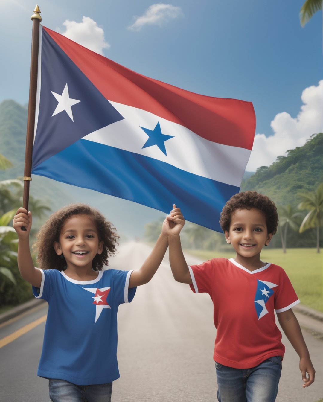 Create images of young Panamanian children joyfully waving the Panamanian flag in different settings, capturing their patriotism and enthusiasm. Showcase the diversity of Panama's landscapes, from urban streets to beautiful natural environments, and highlight the pride these children feel for their country.