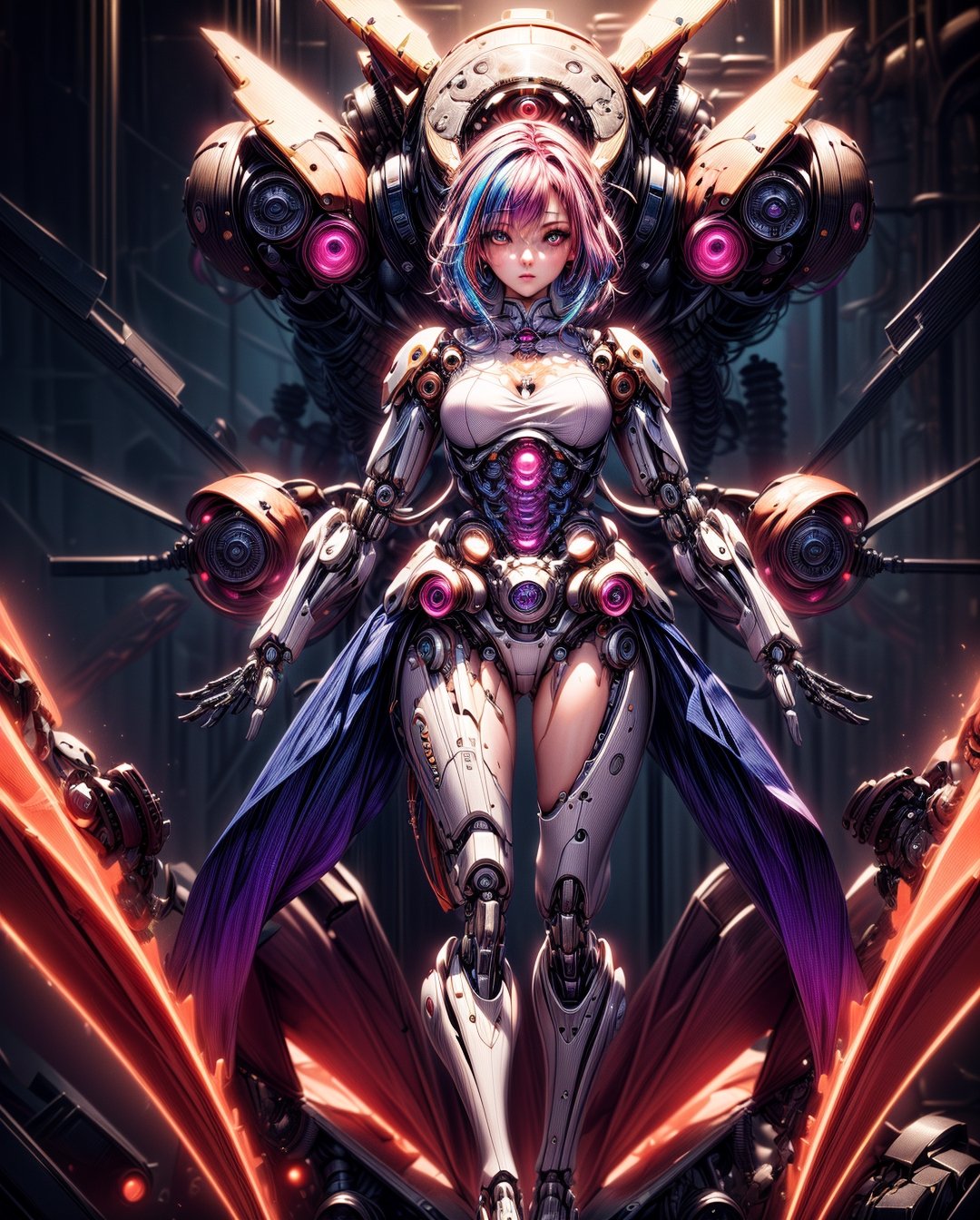 (masterpiece, top quality, best quality, official art, beautiful and aesthetic:1.2),(1girl:1.4),full body,([pink|blue|cpurple|orange] hair:1.5),extreme detailed,(fractal art:1.3),(colorful:1.5),highest detailed,(Mechanical modification:1.5),dynamic poses, [machines|gears] background,eyes shoot,more detail XL,robotic body,Add more detail