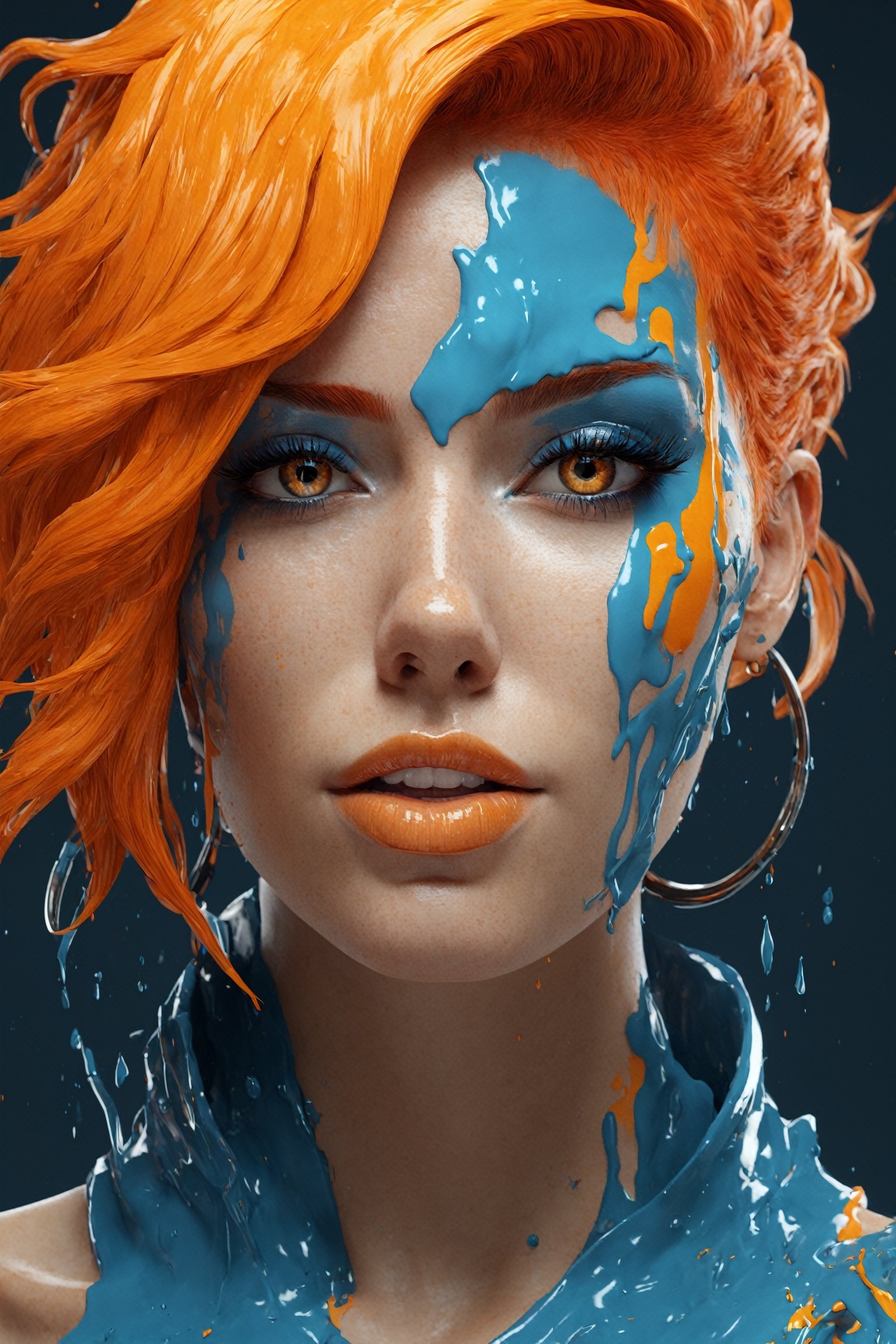 A close up of a woman with orange hair and blue skin, digital art by Alberto Seveso, Zbrush Central Contest Winner, Digital Art, 3D Rendering Digital Art, CGsociety saturated colors, Zbrush Contest Winner, stylized 3D render, zbrush 3 D render , 3D render character art 8k, Octane Trend on CGsociety,dripping paint,cyborg style