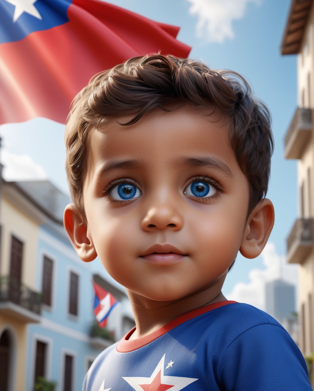 Children waving Panamanian flags around the city, (Panamanian flag is a rectangle divided into four quarters: the upper left is a blue five-pointed star on a white background; the upper right one is red; the lower left one is blue; and the lower right is a red five-pointed star on a white background), masterpiece, best quality, realistic, ultra highres, depth of field, (detailed face:1.2), (detailed eyes:1.2), (detailed background), (masterpiece:1.2), (ultra detailed), (best quality), unreal engine 5 render, crystal clear,(high contrast), (Ultra detailed:1.3), 8k, masterpiece, ((ultra detailed:1.1)), 16k textures, cinematic look, intricate,epic, UHD, DSLR,