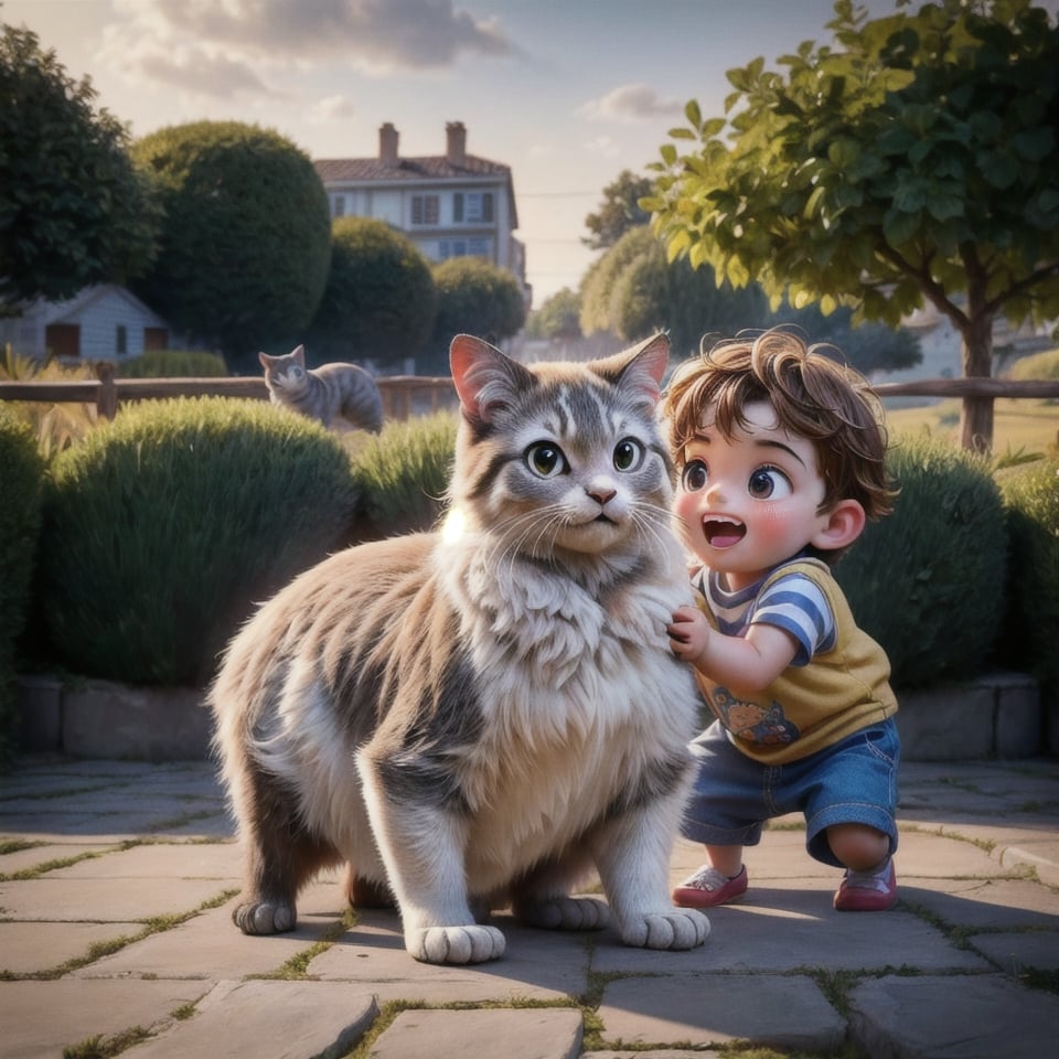 Create images of childrens playfully playing with cheerful cats in different environments, capturing their cuteness and happiness. Show the diversity of cat species, in gardens, homes to beautiful natural and family environments, highlight the love that these children feel for their cats. (childrens playfully playing with cheerful cats), cats, Children boys, children girls,
Super realistic 8k HDR photographic cinematic image, super detailed, super high quality image, masterpiece, Standard lens. Golden hour lighting. 8k, UHD, intricate detailed, highly detailed, hyper-realistic,round animal