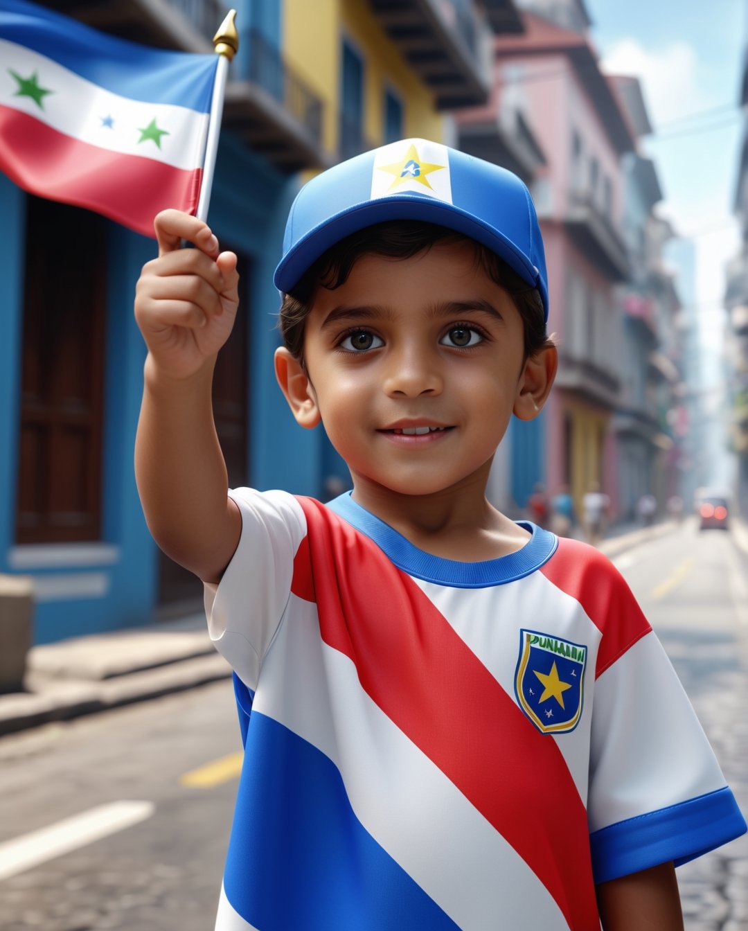 Children waving Panamanian flags around the city, masterpiece, best quality, realistic, ultra highres, depth of field, (detailed face:1.2), (detailed eyes:1.2), (detailed background), (masterpiece:1.2), (ultra detailed), (best quality), unreal engine 5 render, crystal clear,(high contrast), (Ultra detailed:1.3), 8k, masterpiece, ((ultra detailed:1.1)), 16k textures, cinematic look, intricate,epic, UHD, DSLR,