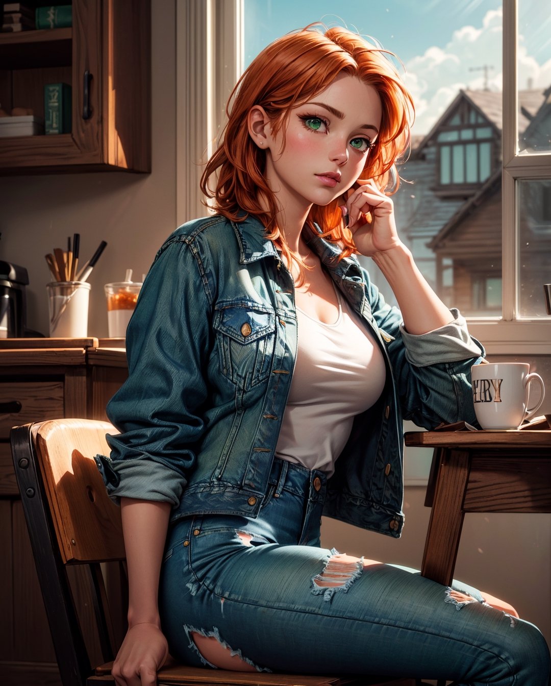 <(photorealistic:1.4), (extremely intricate:1.2)>, <(exquisitely detailed skin), cinematic light, ultra high res, 8k uhd, intricate details, Movie Light, Oil Painting Texture, film grain, dreamlike, perfect anatomy, best shadow, delicate, RAW>, (((1 girl, cute, denim jacket, white top, jeans, ginger, short hair, long hair, side parted hair, green eyes))), (((ginger:1.3))), dynamic poses, manga style, solo, sitting, a young and beautiful woman holding a cup of coffee with both hands, looking out the window with a soft smile, with a curious cat outside on the windowsill, surrounded by warm and cozy interior decor.