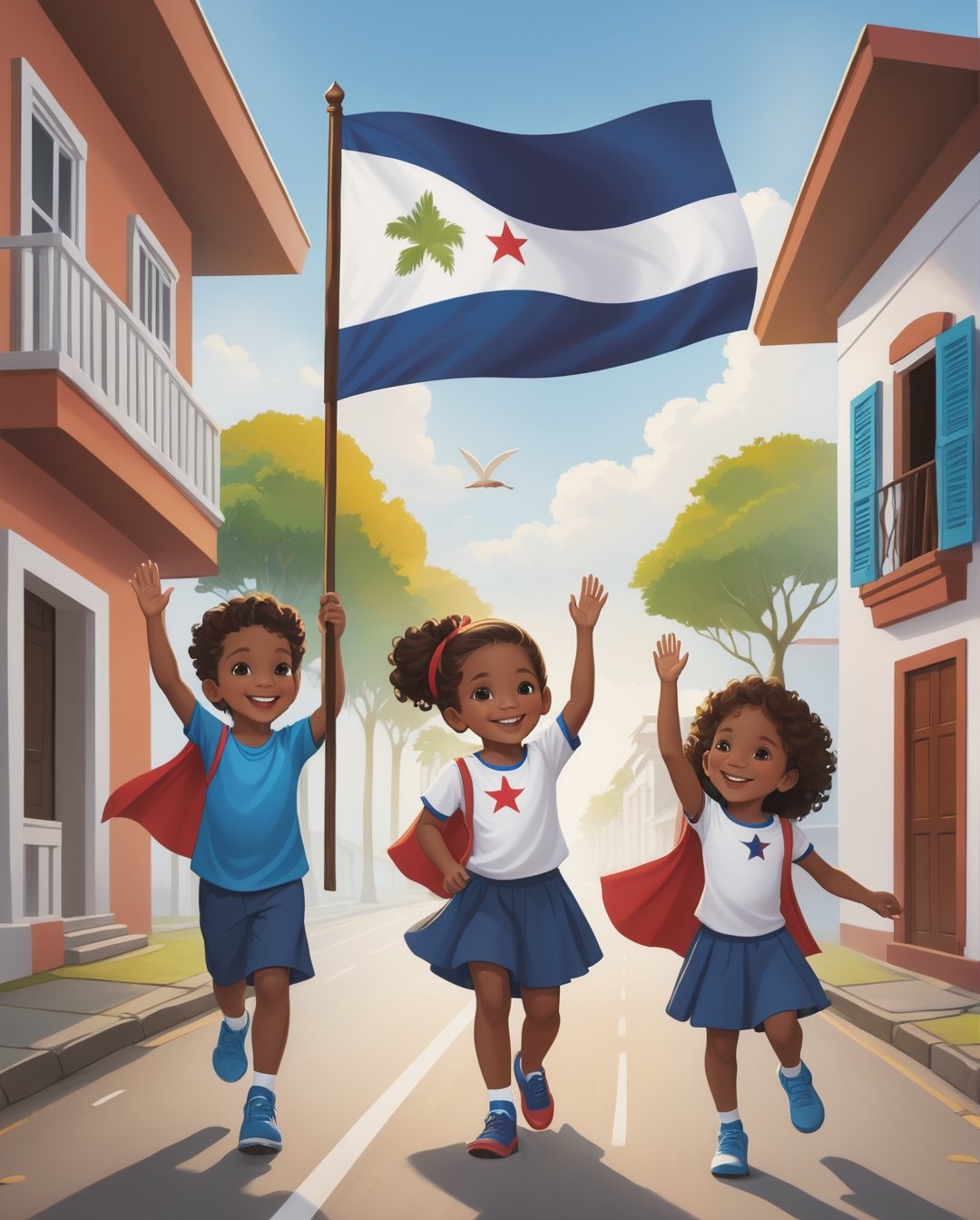 Create images of young Panamanian children joyfully waving the white flag in different settings, capturing their patriotism and enthusiasm. Showcase the diversity of Panama's landscapes, from urban streets to beautiful natural environments, and highlight the pride these children feel for their country.