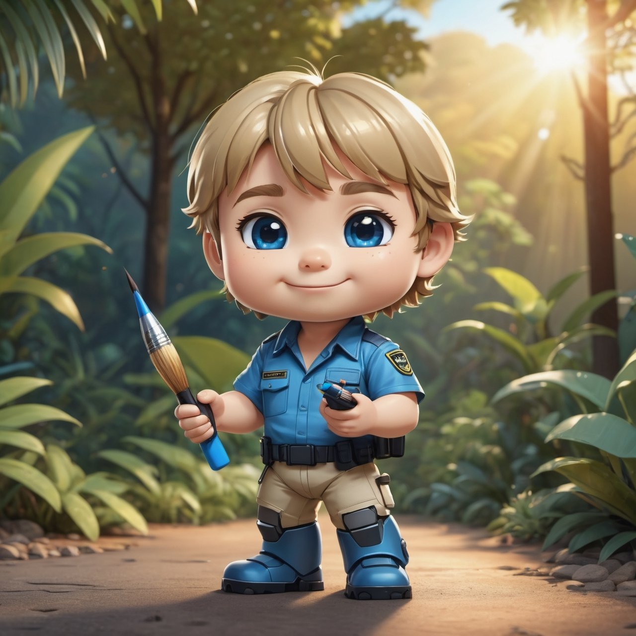 (masterpiece:1.2, highest quality), (realistic, photo_realistic:1.9)
1chibi_robot, Cute chibi robot, Designer look holding a paintbrush in one hand, white with blue, (detailed background), (gradients), colorful, detailed landscape, visual key, shiny skin. Modern place, Action camera. Portrait film. Standard lens. Golden hour lighting.
sharp focus, 8k, UHD, high quality, frowning, intricate detailed, highly detailed, hyper-realistic,interior,Steve Irwin Chibi