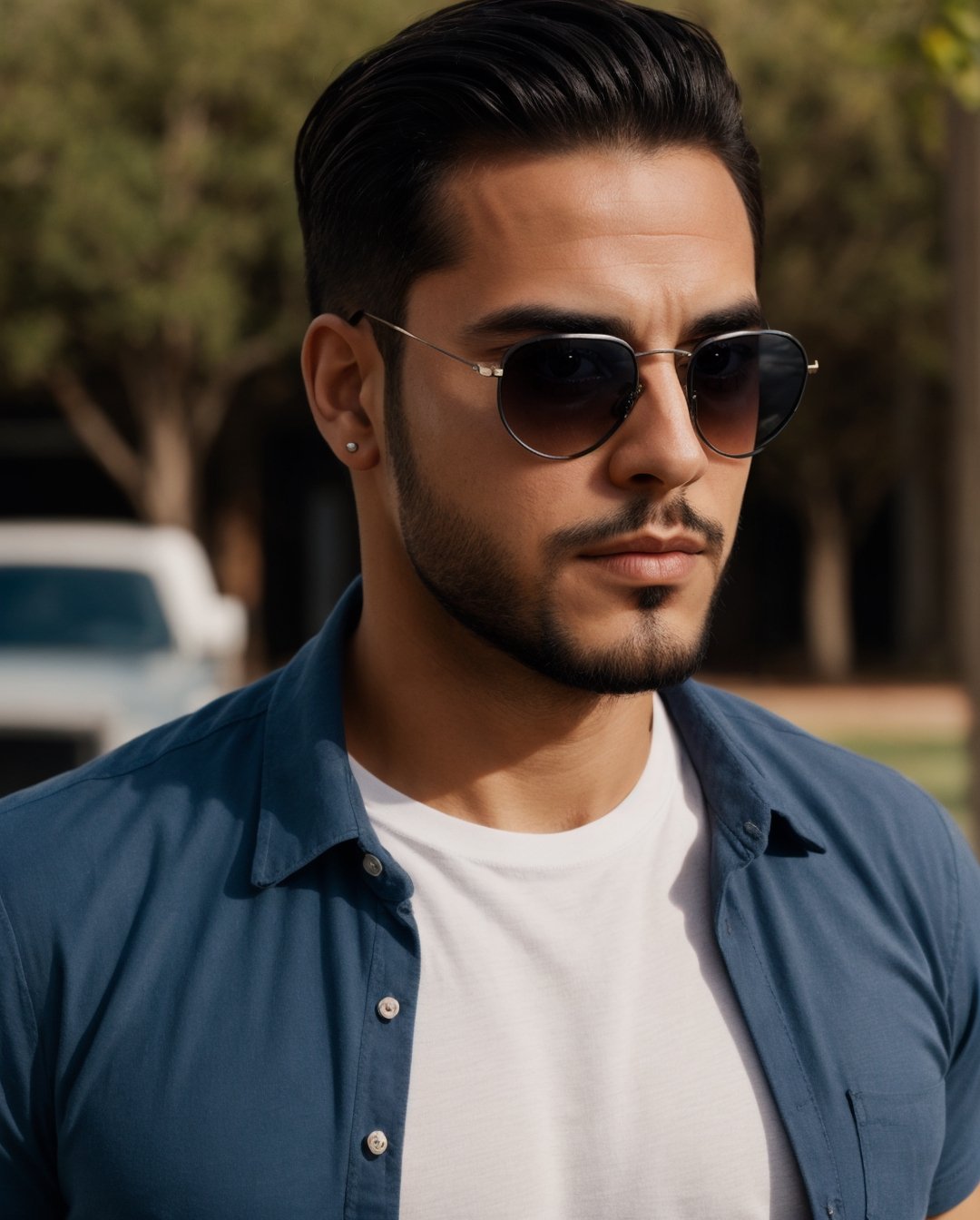 handsome hispanic man with blue t-shirt, with sunglasses, black hear, small short unkempt beard on face 