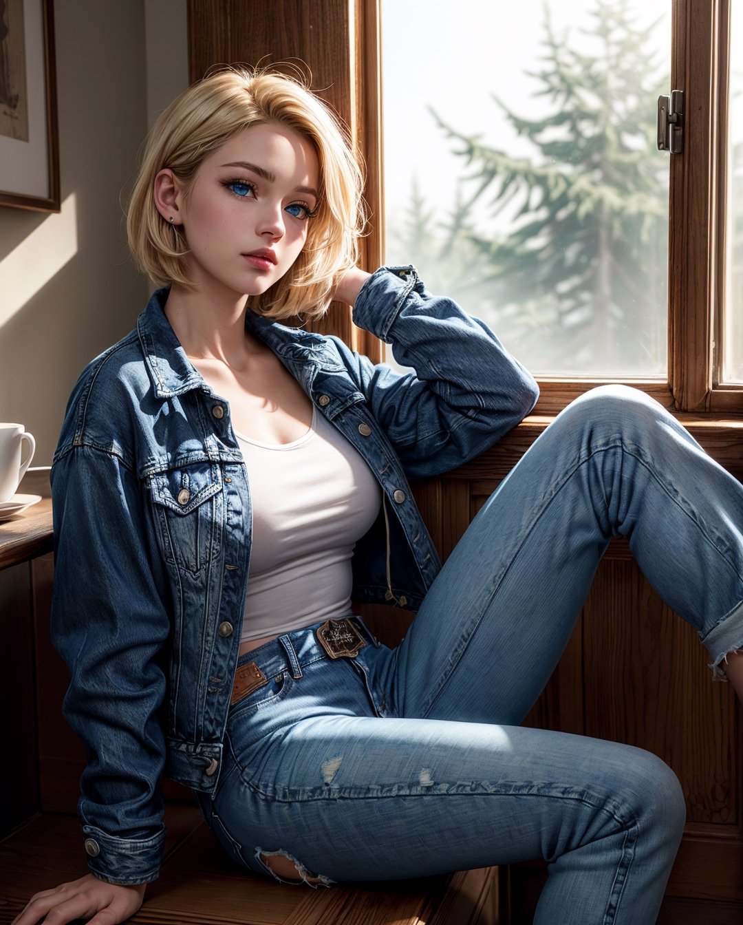 <(photorealistic:1.4), (extremely intricate:1.2)>, <(exquisitely detailed skin), cinematic light, ultra high res, 8k uhd, intricate details, Movie Light, Oil Painting Texture, film grain, dreamlike, perfect anatomy, best shadow, delicate, RAW>, (((1 girl, cute, denim jacket, white top, jeans, blond, short hair, bob hair, side parted hair, blue eyes))), (((blond hair))), dynamic poses, manga style, solo, sitting, a young and beautiful woman holding a cup of coffee with both hands, looking out the window with a soft smile, with a curious cat outside on the windowsill, surrounded by warm and cozy interior decor.