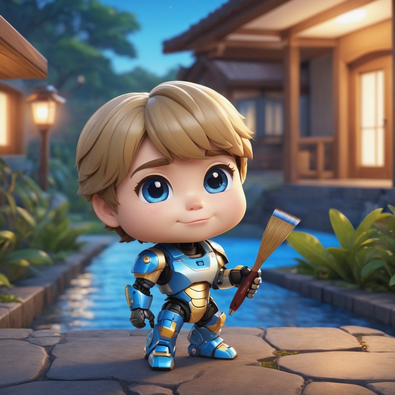 (masterpiece:1.2, highest quality), (realistic, photo_realistic:1.9)
1chibi_robot, Cute chibi robot, Designer look holding a paintbrush in one hand, white with blue, (detailed background), (gradients), colorful, detailed landscape, visual key, shiny skin. Modern place, Action camera. Portrait film. Standard lens. Golden hour lighting.
sharp focus, 8k, UHD, high quality, frowning, intricate detailed, highly detailed, hyper-realistic,interior,Steve Irwin Chibi,chibi emote style