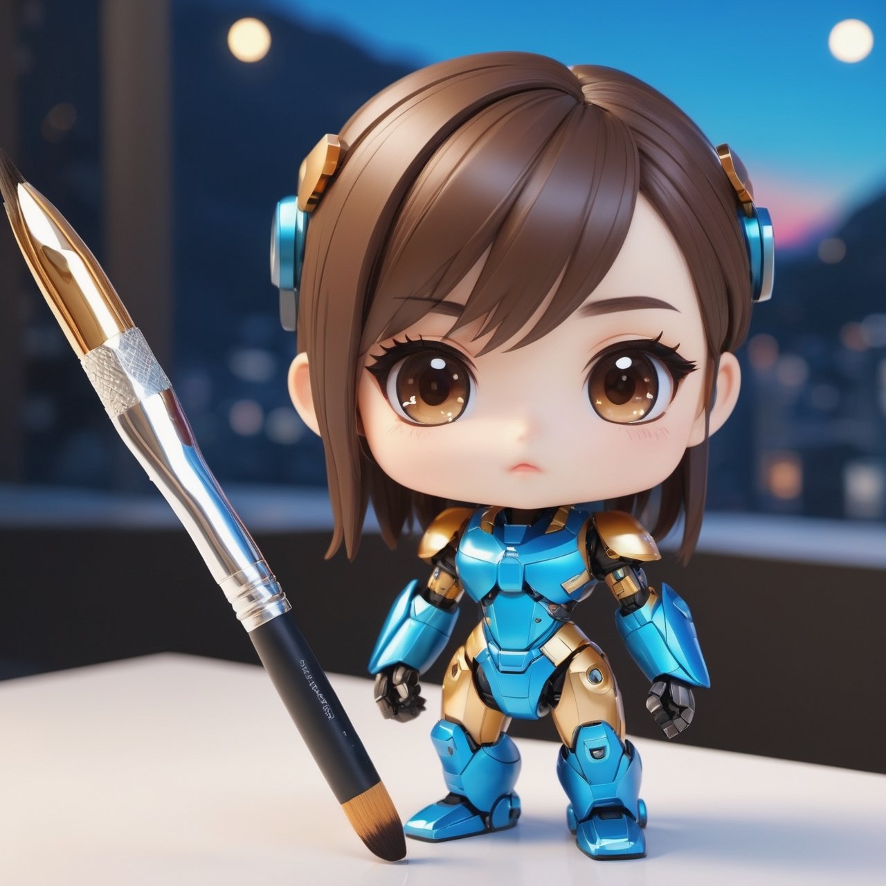 (masterpiece:1.2, highest quality), (realistic, photo_realistic:1.9)
1chibi_robot, Cute chibi robot, Designer look holding a paintbrush in one hand, white with blue, (detailed background), (gradients), colorful, detailed landscape, visual key, shiny skin. Modern place, Action camera. Portrait film. Standard lens. Golden hour lighting.
sharp focus, 8k, UHD, high quality, frowning, intricate detailed, highly detailed, hyper-realistic,interior,koola Chibi,chibi emote style
