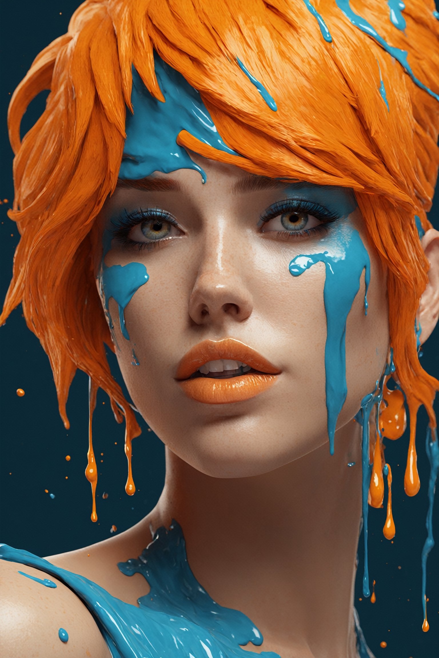 A close up of a woman with orange hair and blue skin, digital art by Alberto Seveso, Zbrush Central Contest Winner, Digital Art, 3D Rendering Digital Art, CGsociety saturated colors, Zbrush Contest Winner, stylized 3D render, zbrush 3 D render , 3D render character art 8k, Octane Trend on CGsociety,dripping paint