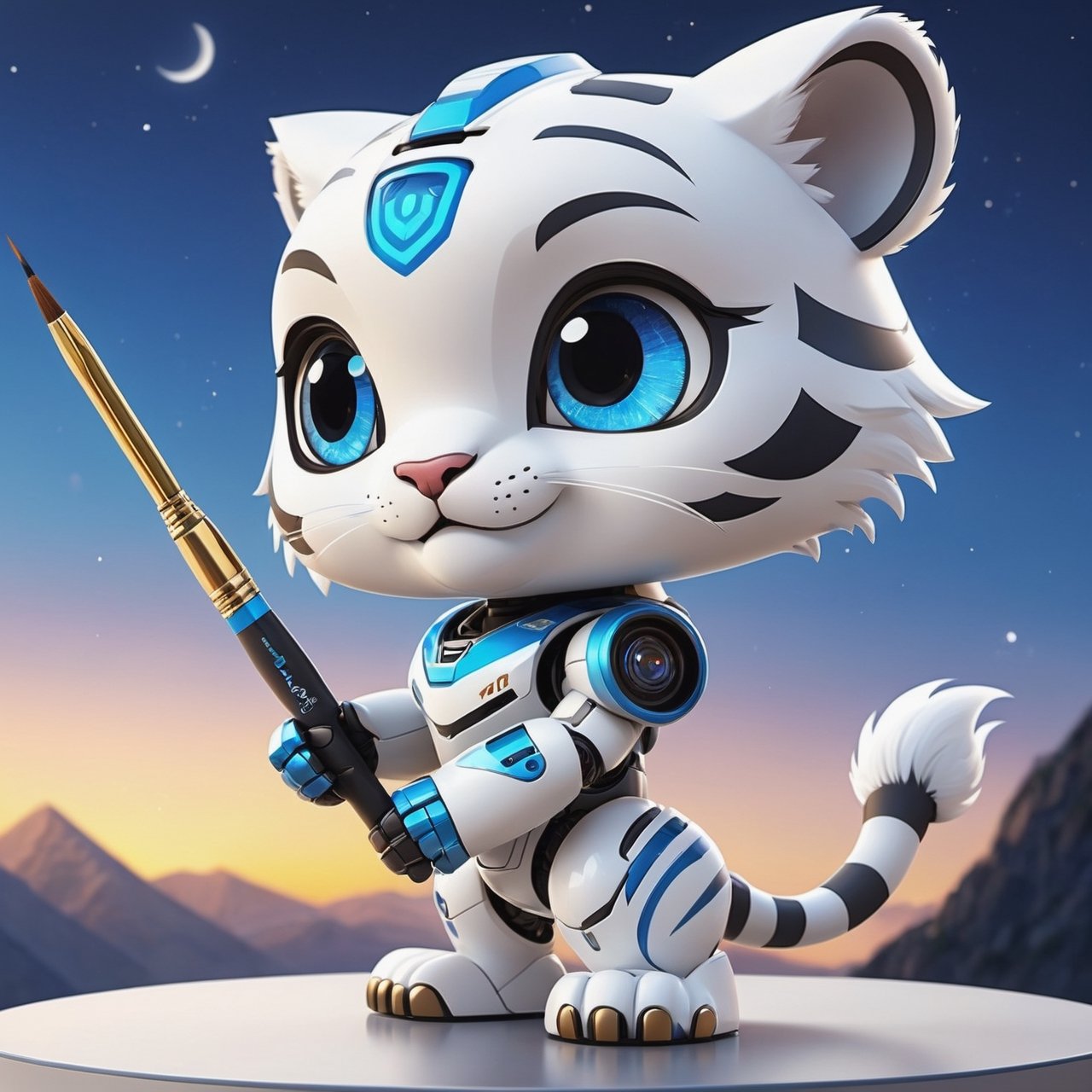 (masterpiece:1.2, highest quality), (realistic, photo_realistic:1.9)
1chibi_robot, Cute chibi white tiger, happy face,  (Designer look holding a paintbrush in one hand), (the text "TA"), white with blue, (detailed background), (gradients), colorful, detailed landscape, visual key, shiny skin. Modern place, Action camera. Portrait film. Standard lens. Golden hour lighting.
sharp focus, 8k, UHD, high quality, frowning, intricate detailed, highly detailed, hyper-realistic,interior,robot white with blue,chibi emote style,Monster, wall-e